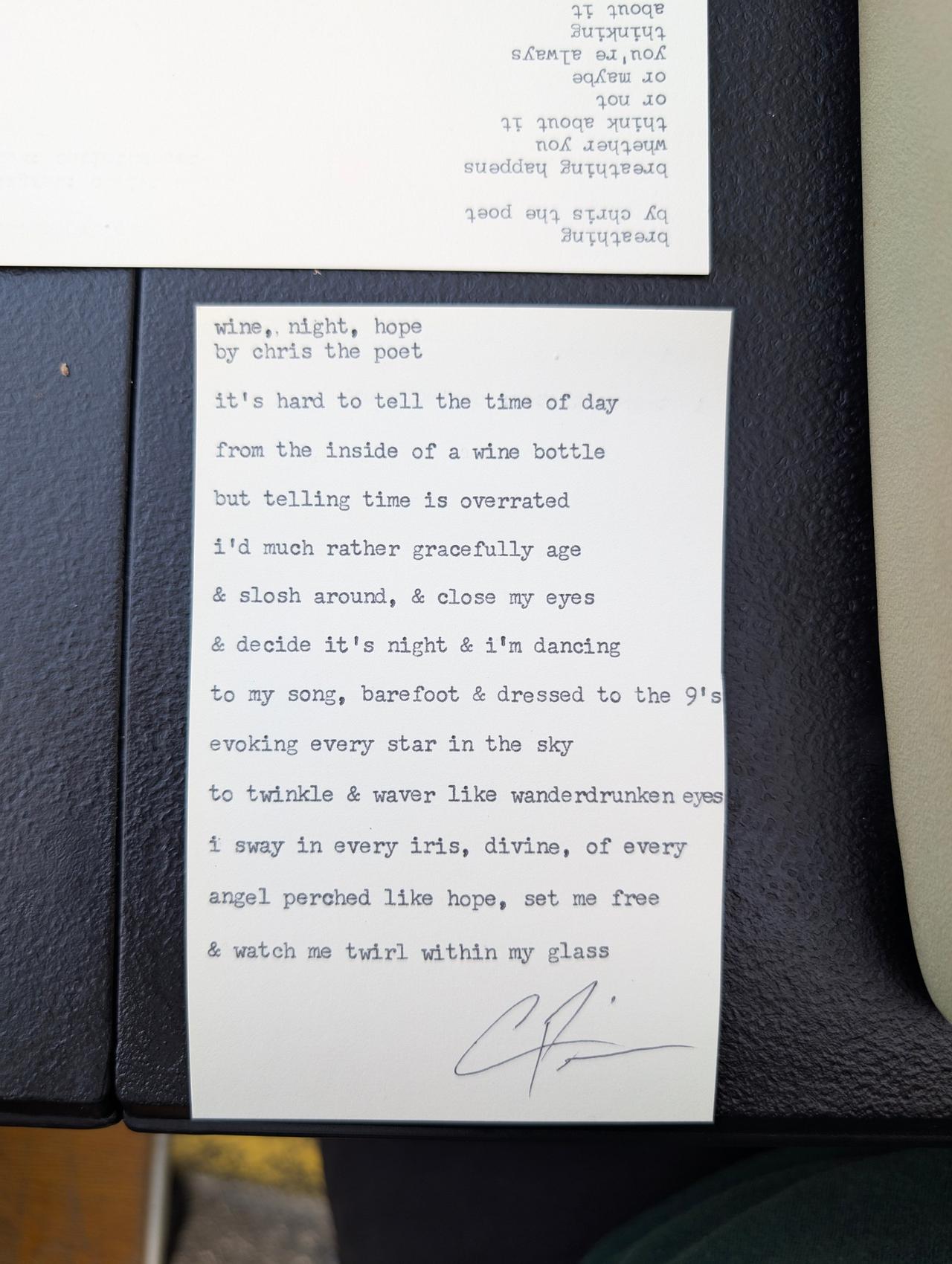 Original typewritten poem wine, night, hope by Chris the Poet