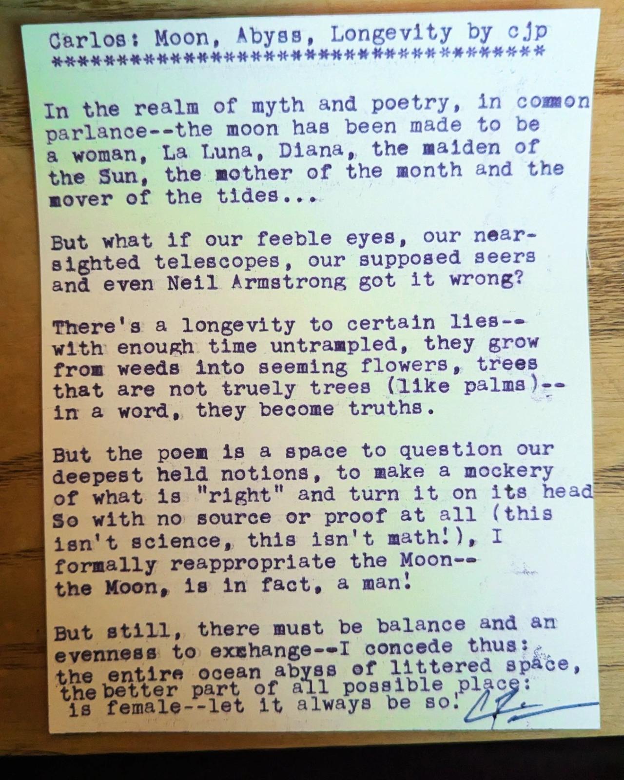 Original typewritten poem Carlos: Moon, Abyss, Longevity by Chris the Poet