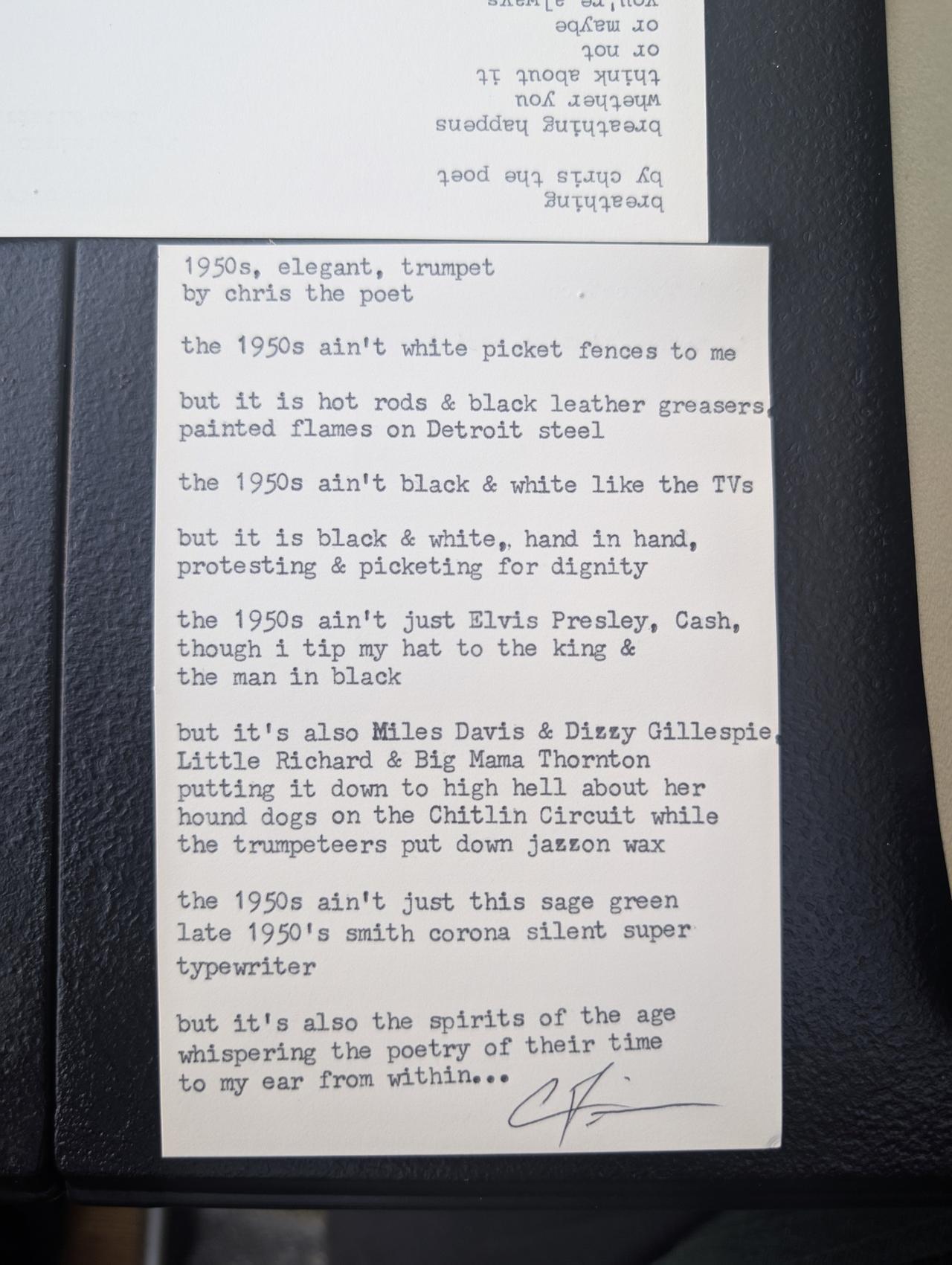 Original typewritten poem 1950s, elegant, trumpet by Chris the Poet
