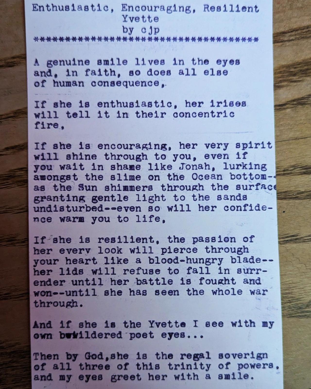 Original typewritten poem Enthusiastic, Encouraging, Resilient Yvette by Chris the Poet