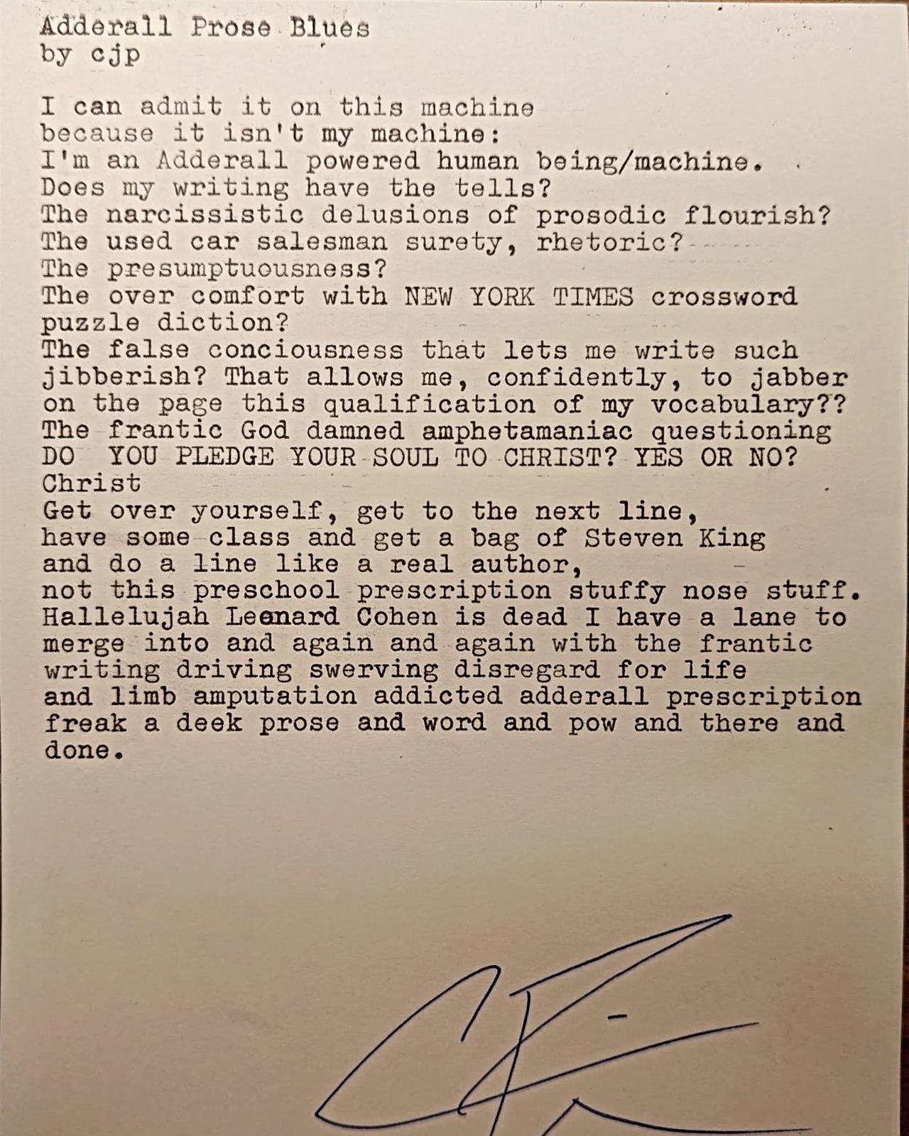 Original typewritten poem Adderall Prose Blues by Chris the Poet