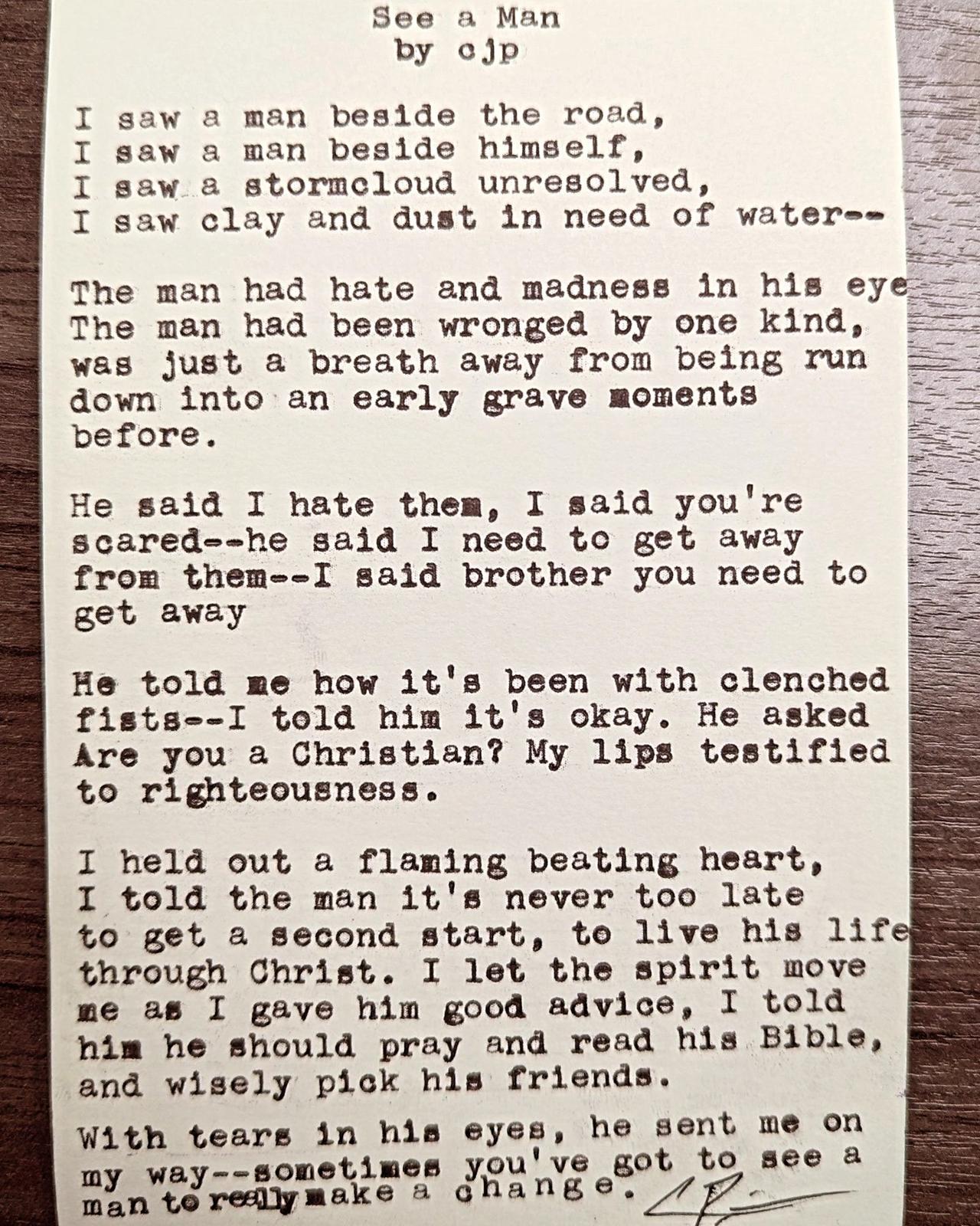 Original typewritten poem See a Man by Chris the Poet