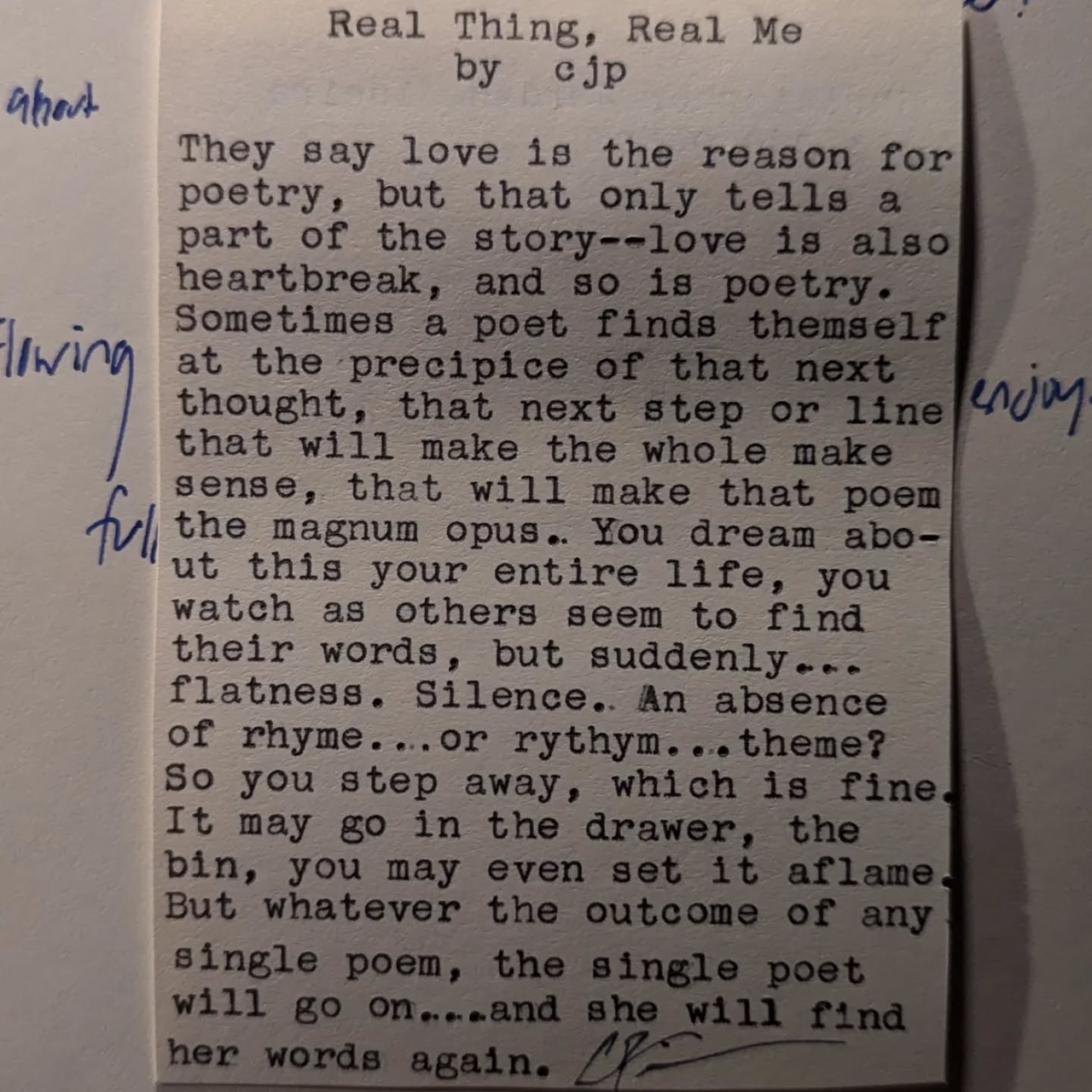 Original typewritten poem Real Thing, Real Me by Chris the Poet