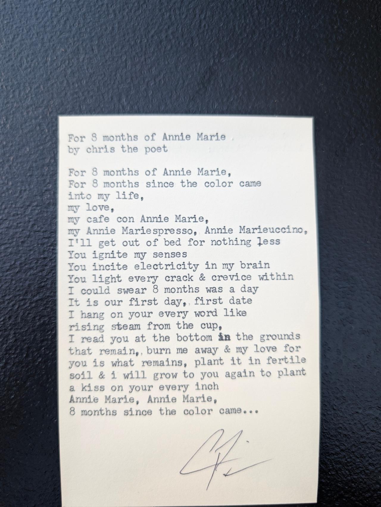 Original typewritten poem For 8 months of Annie Marie by Chris the Poet