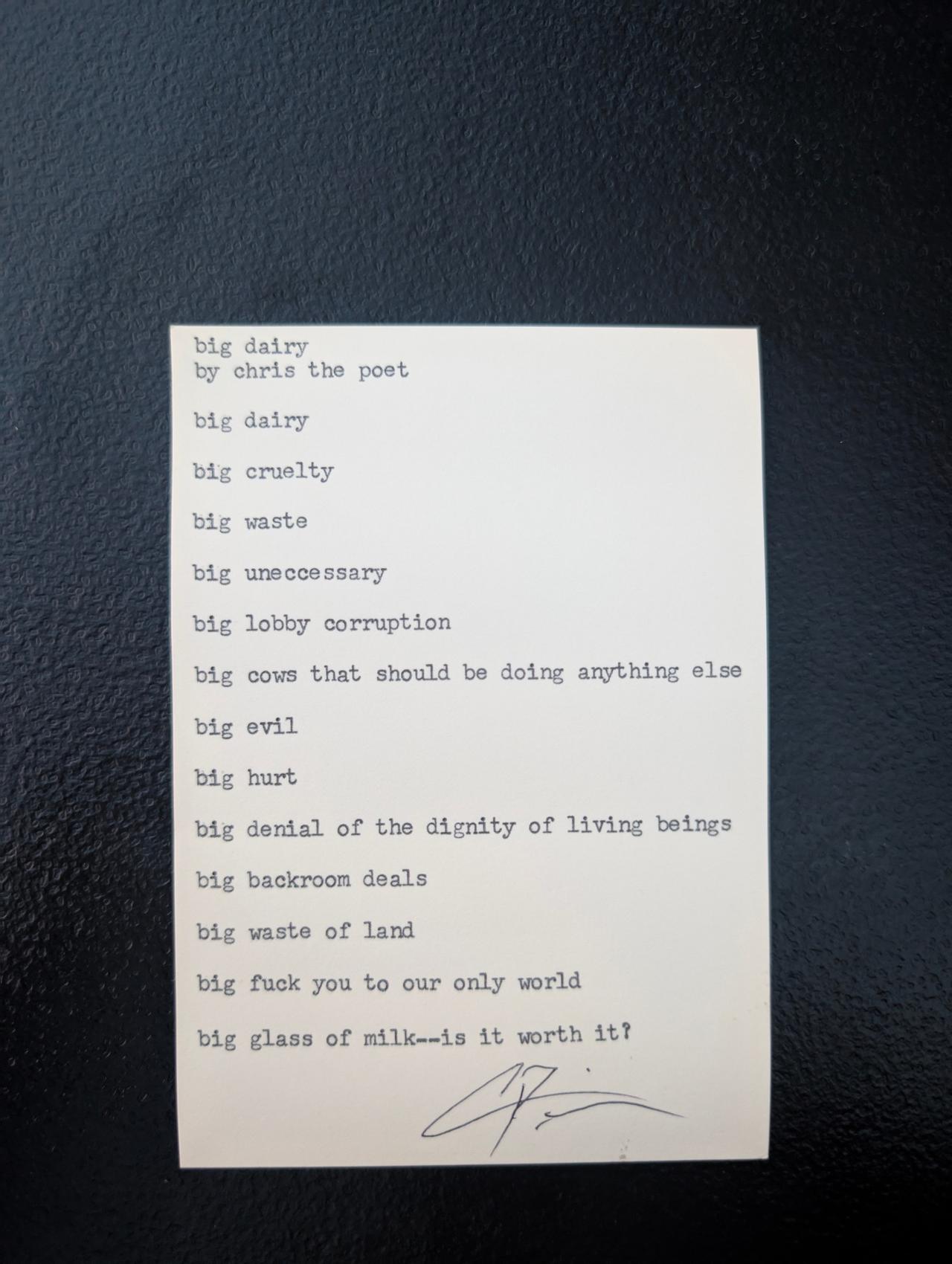 Original typewritten poem big dairy by Chris the Poet