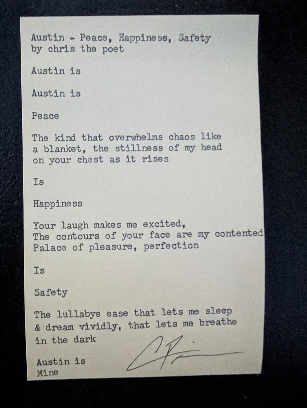 Original typewritten poem Austin - Peace, Happiness, Safety by Chris the Poet