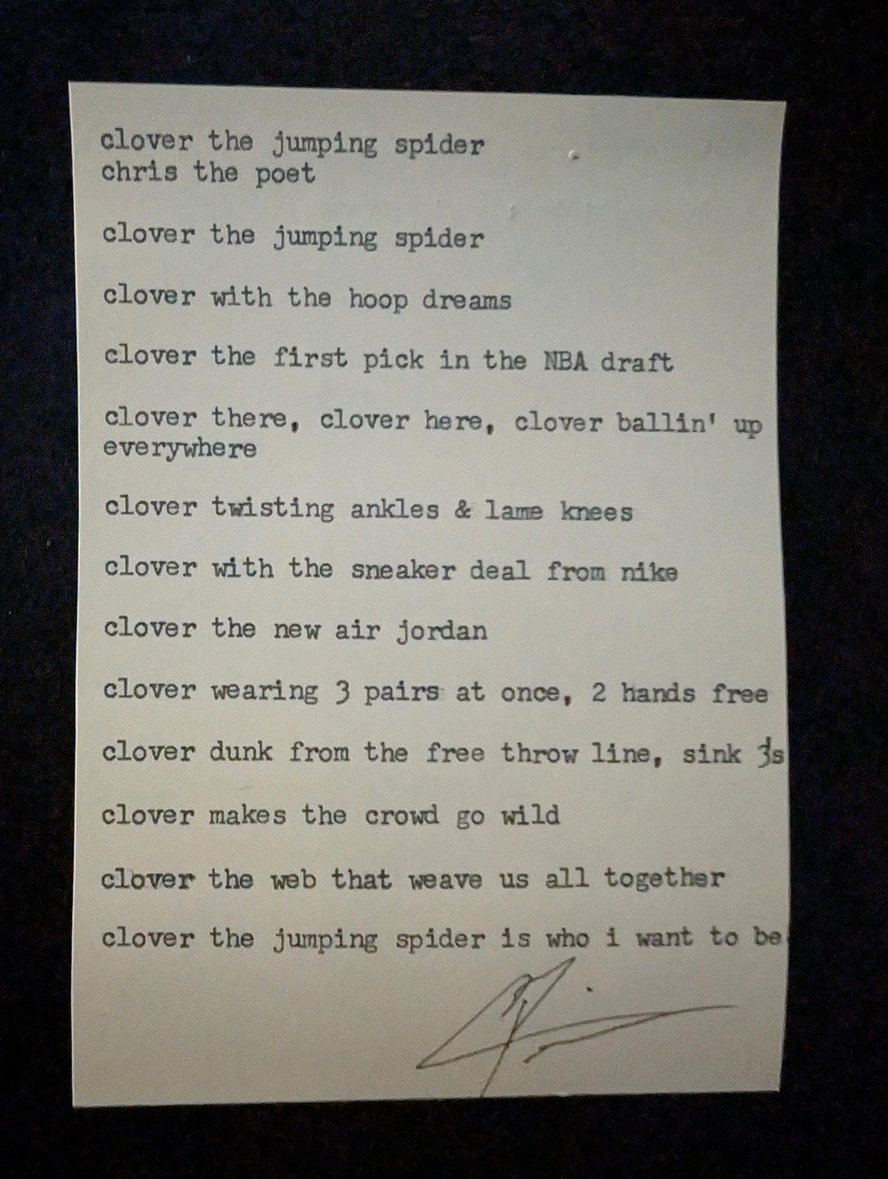 Original typewritten poem Clover the jumping spider by Chris the Poet