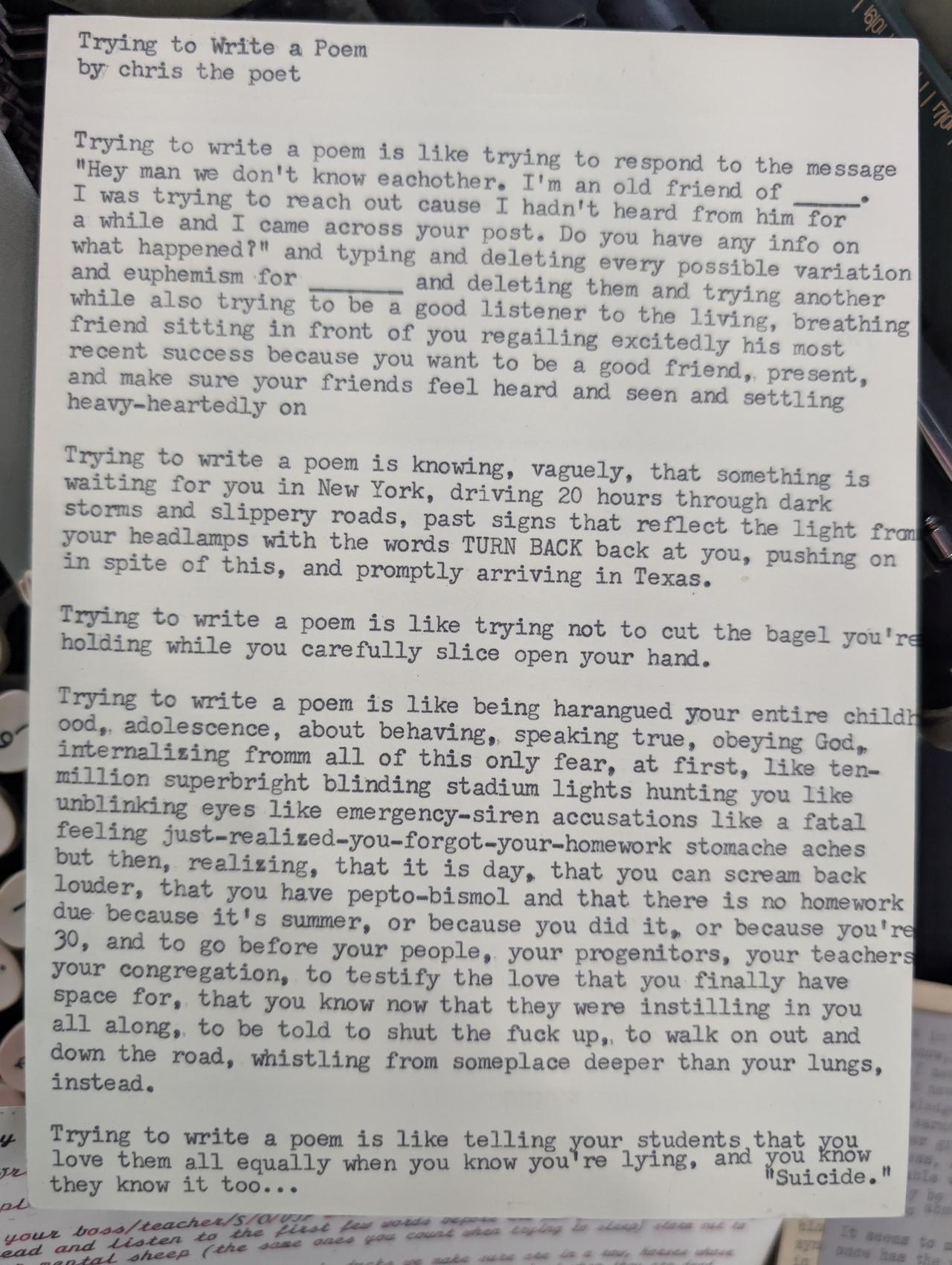 Original typewritten poem Trying to Write a Poem by Chris the Poet