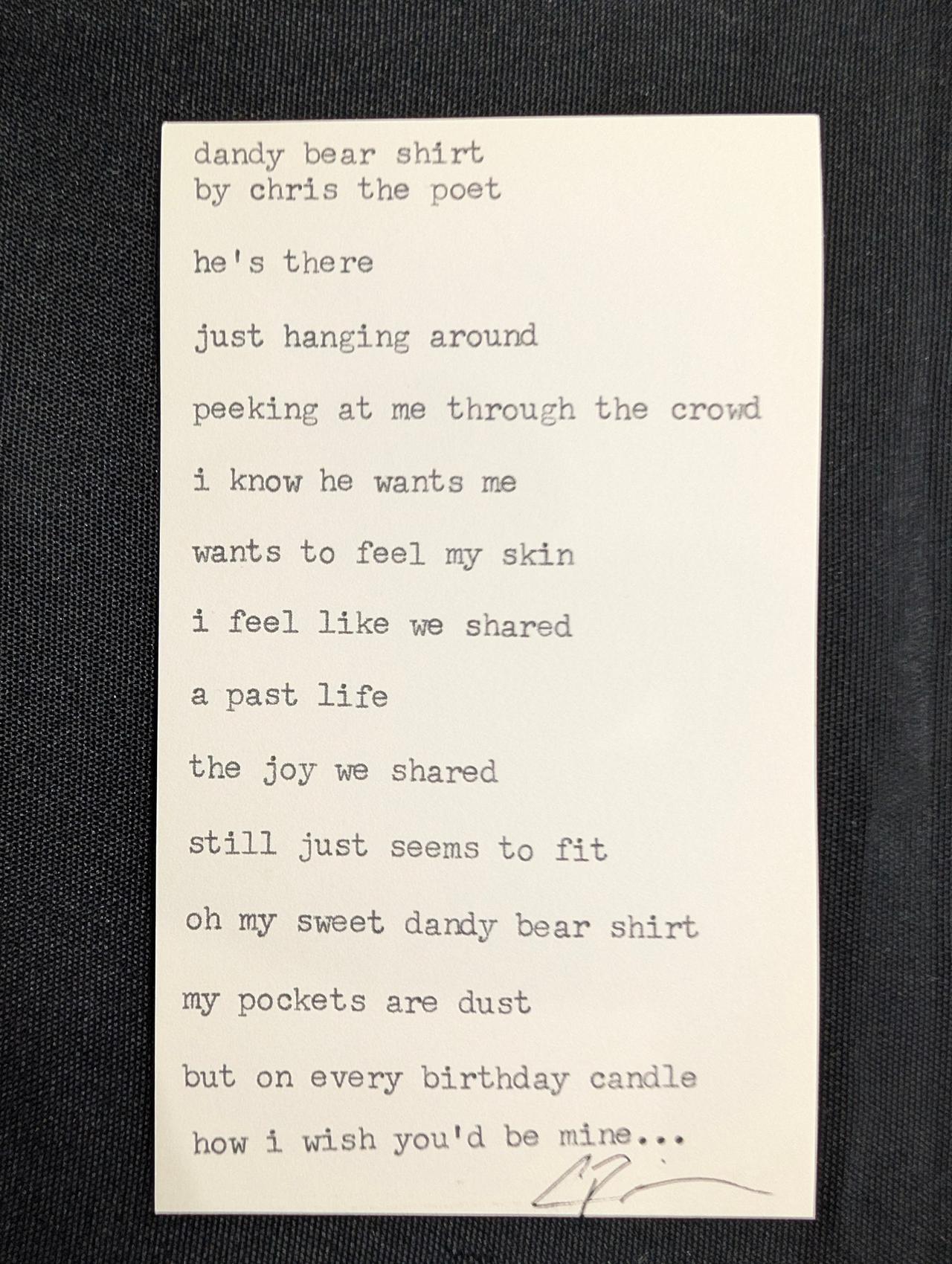 Original typewritten poem dandy bear shirt by Chris the Poet
