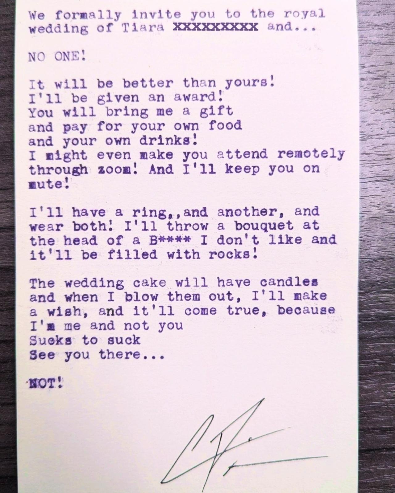 Original typewritten poem We formally invite you to the royal wedding of Tiara XXXXXXXXX and... by Chris the Poet