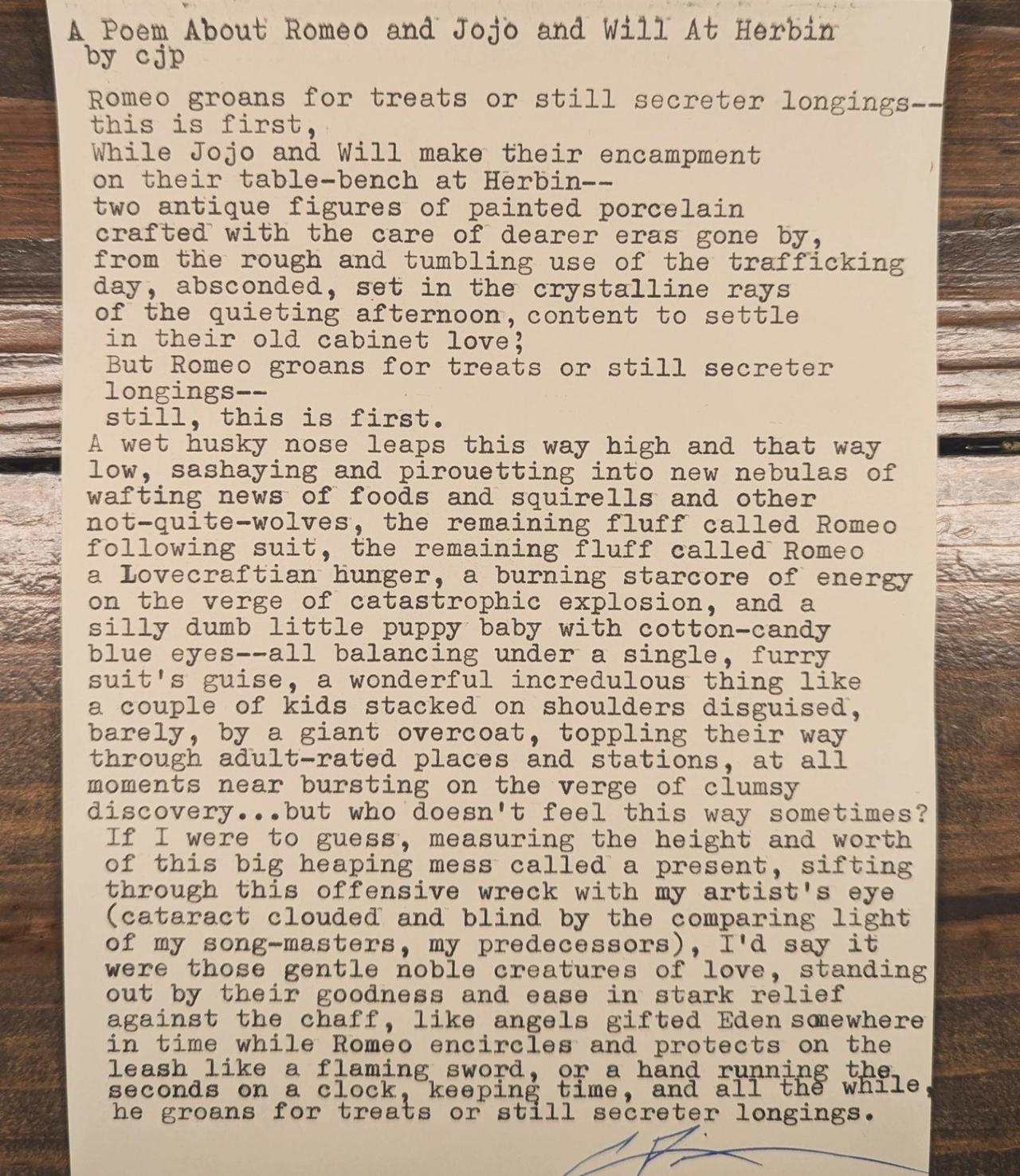 Original typewritten poem A Poem About Romeo and Jojo and Will at Herbin by Chris the Poet