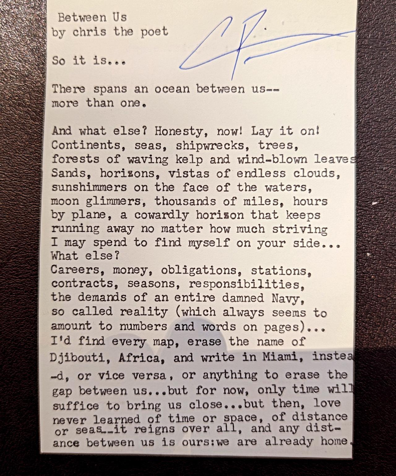 Original typewritten poem Between Us by Chris the Poet