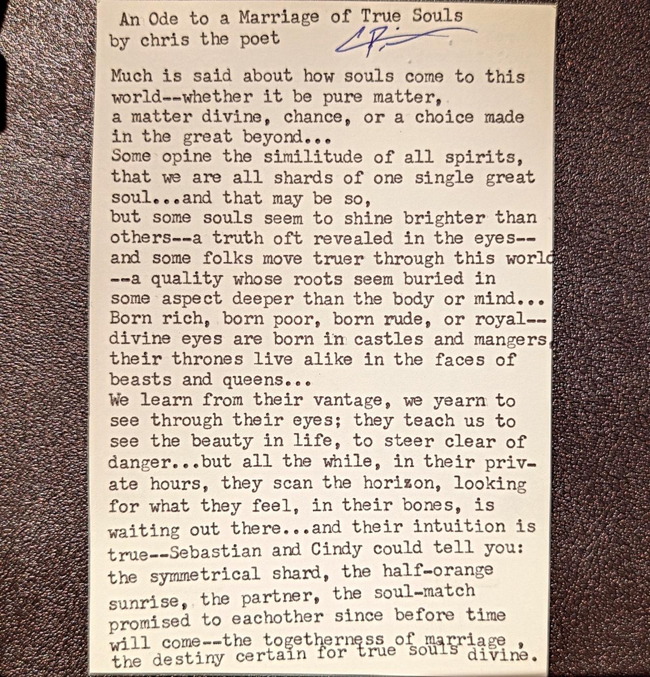 Original typewritten poem An Ode to a Marriage of True Souls by Chris the Poet