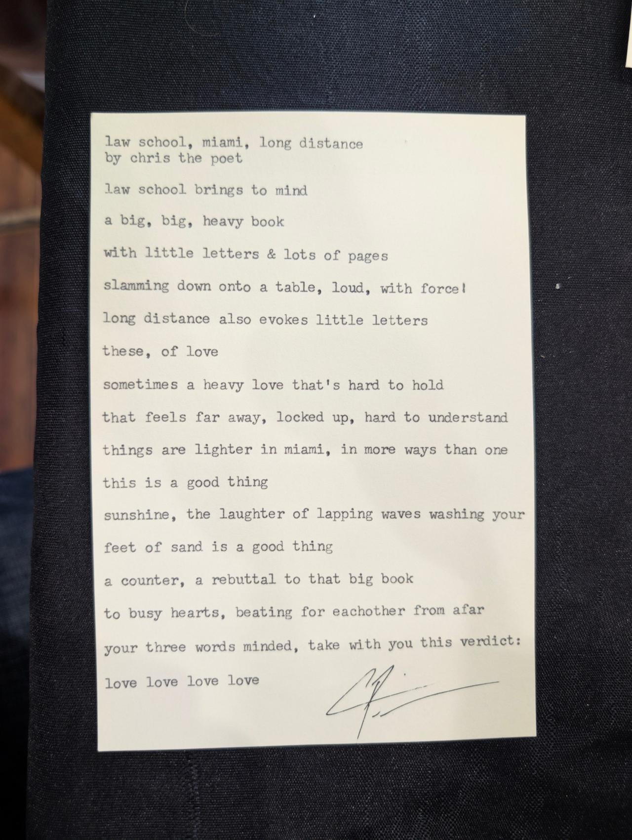 Original typewritten poem Law school, miami, long distance by Chris the Poet