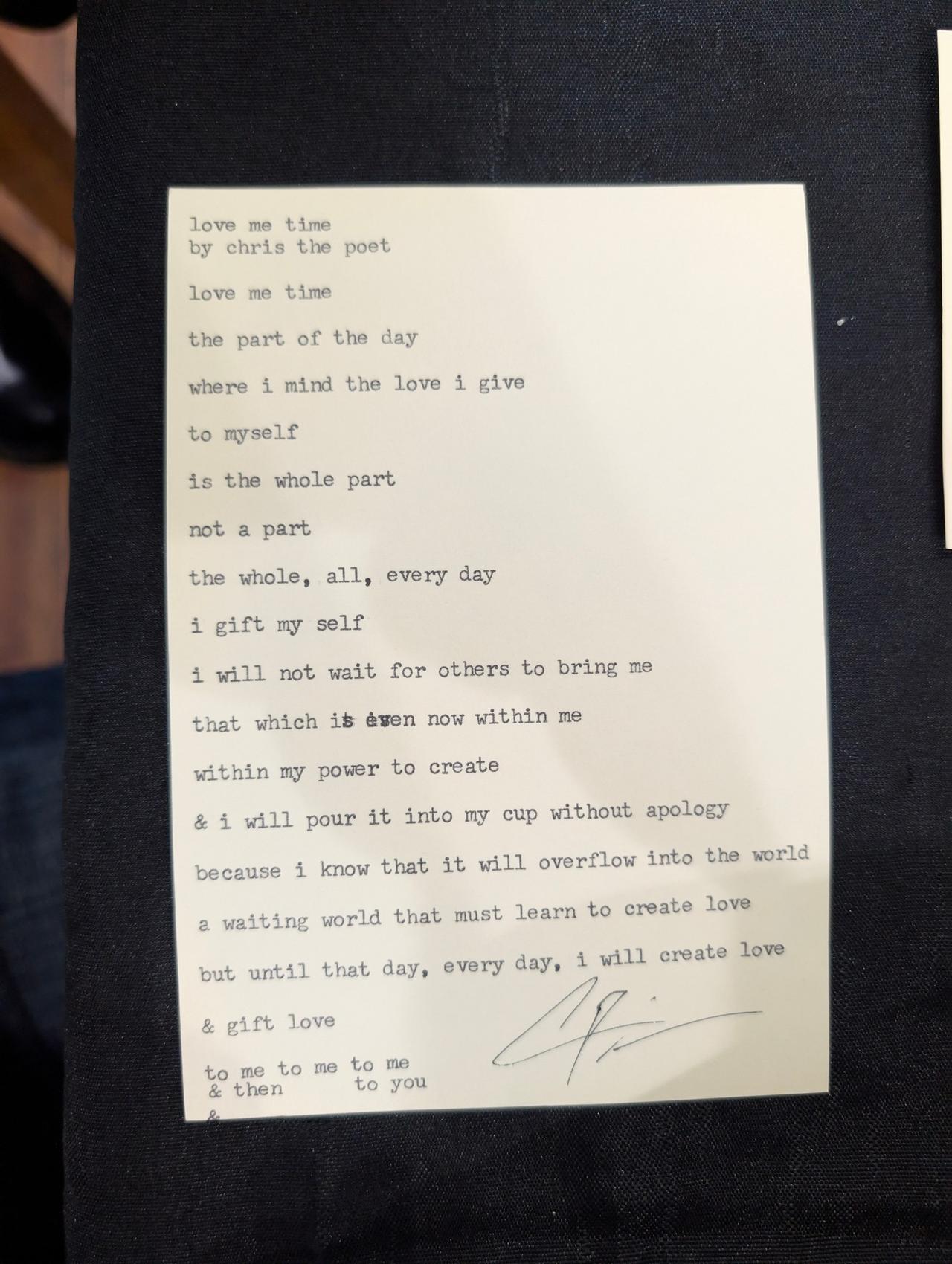 Original typewritten poem Love on Me by Chris the Poet