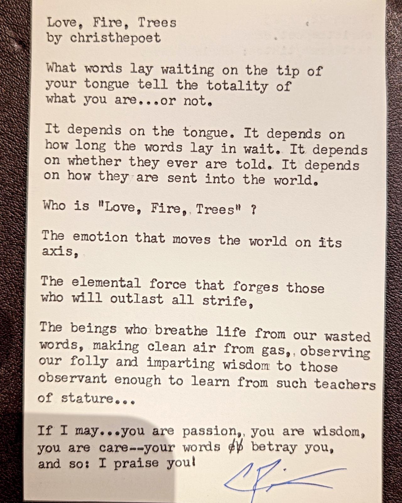 Original typewritten poem Love, Fire, Trees by Chris the Poet