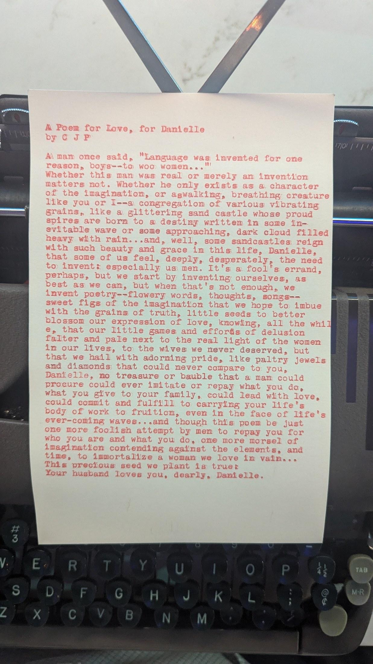 Original typewritten poem A Poem for Love, for Danielle by Chris the Poet