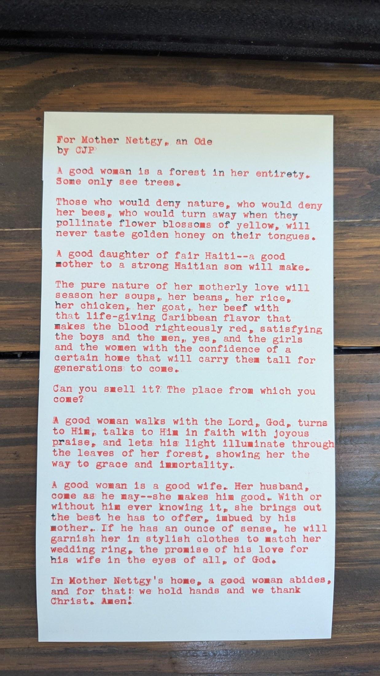 Original typewritten poem For Mother Nettgy, an Ode by Chris the Poet
