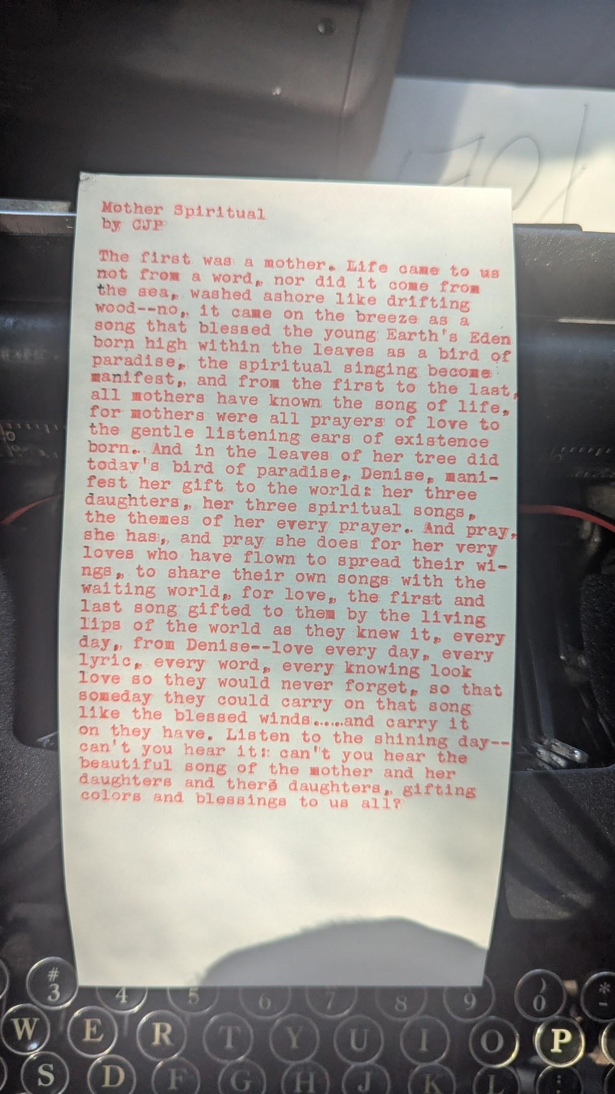 Original typewritten poem Mother Spiritual by Chris the Poet