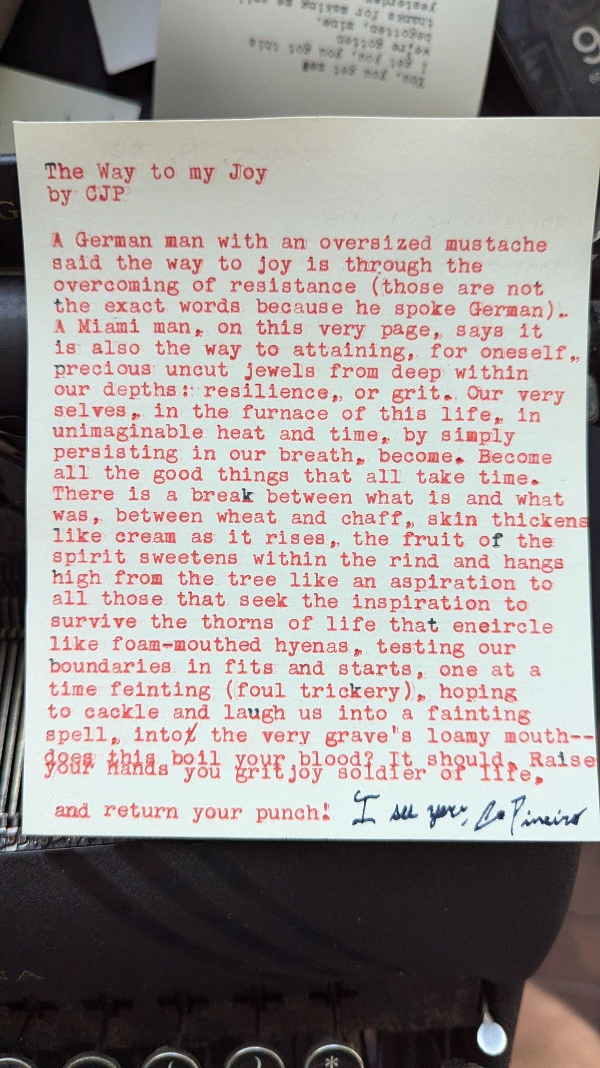 Original typewritten poem The Way to my Joy by Chris the Poet