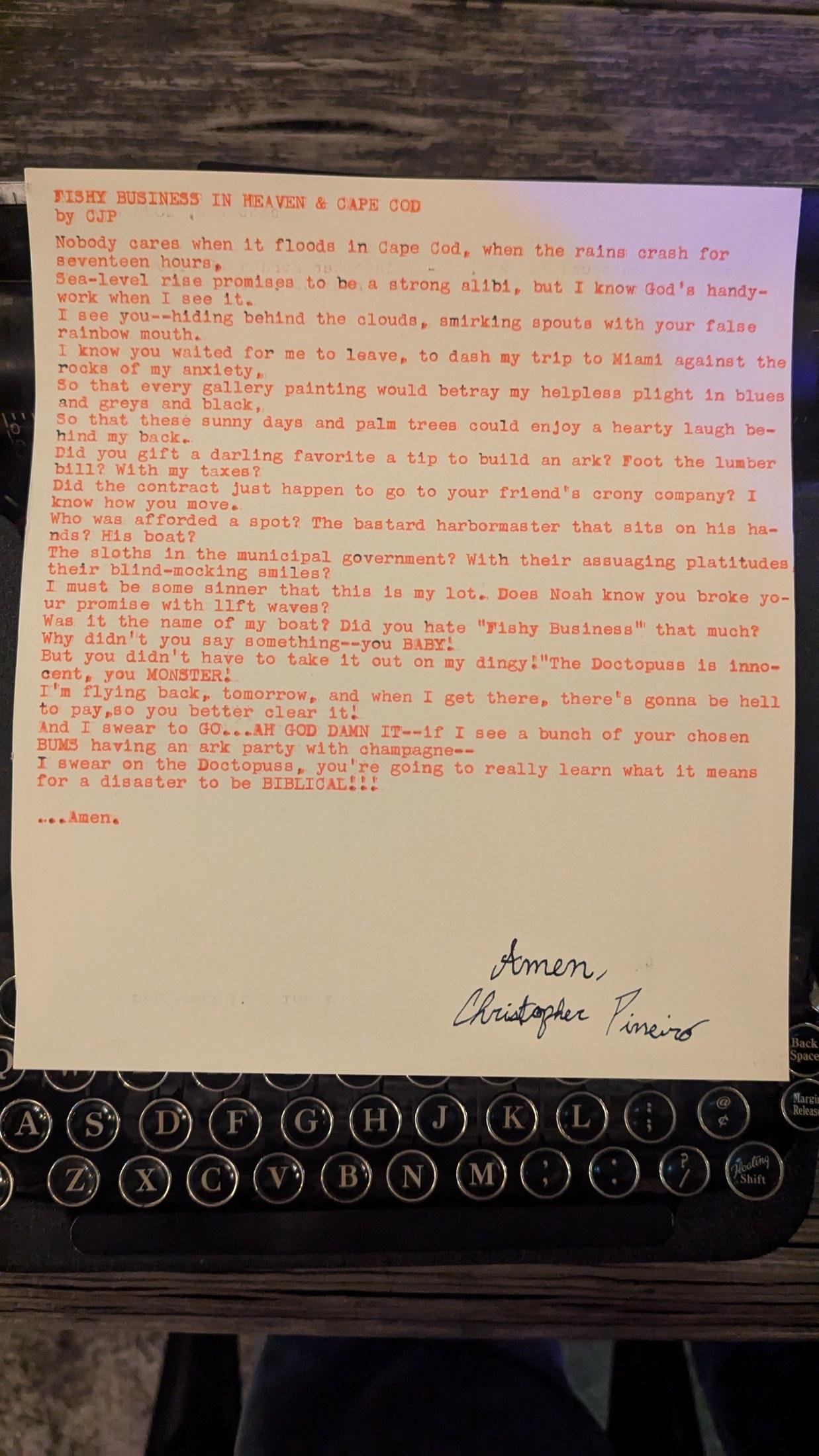 Original typewritten poem Fever Dreams in Miami's Gape (sic) by Chris the Poet
