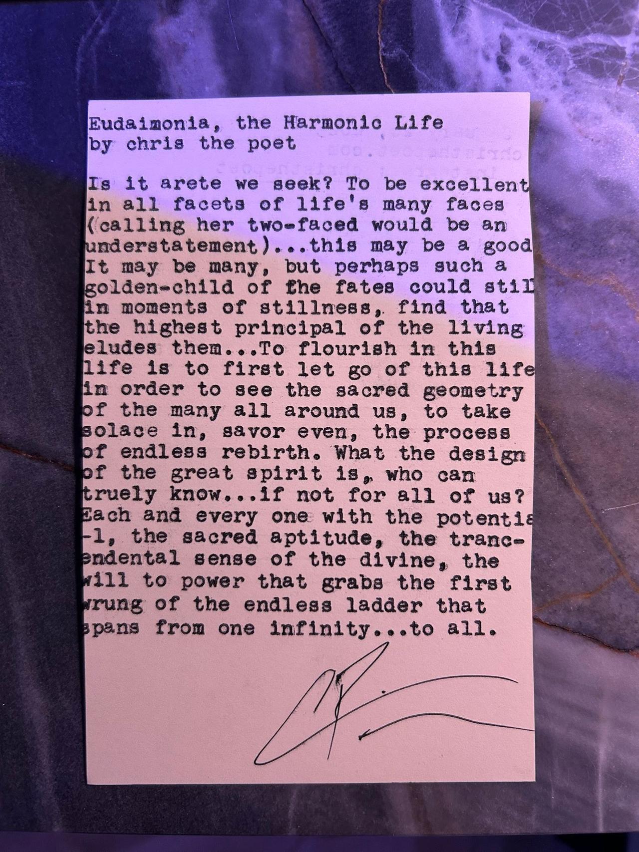 Original typewritten poem Eudaimonia, the Harmonic Life by Chris the Poet