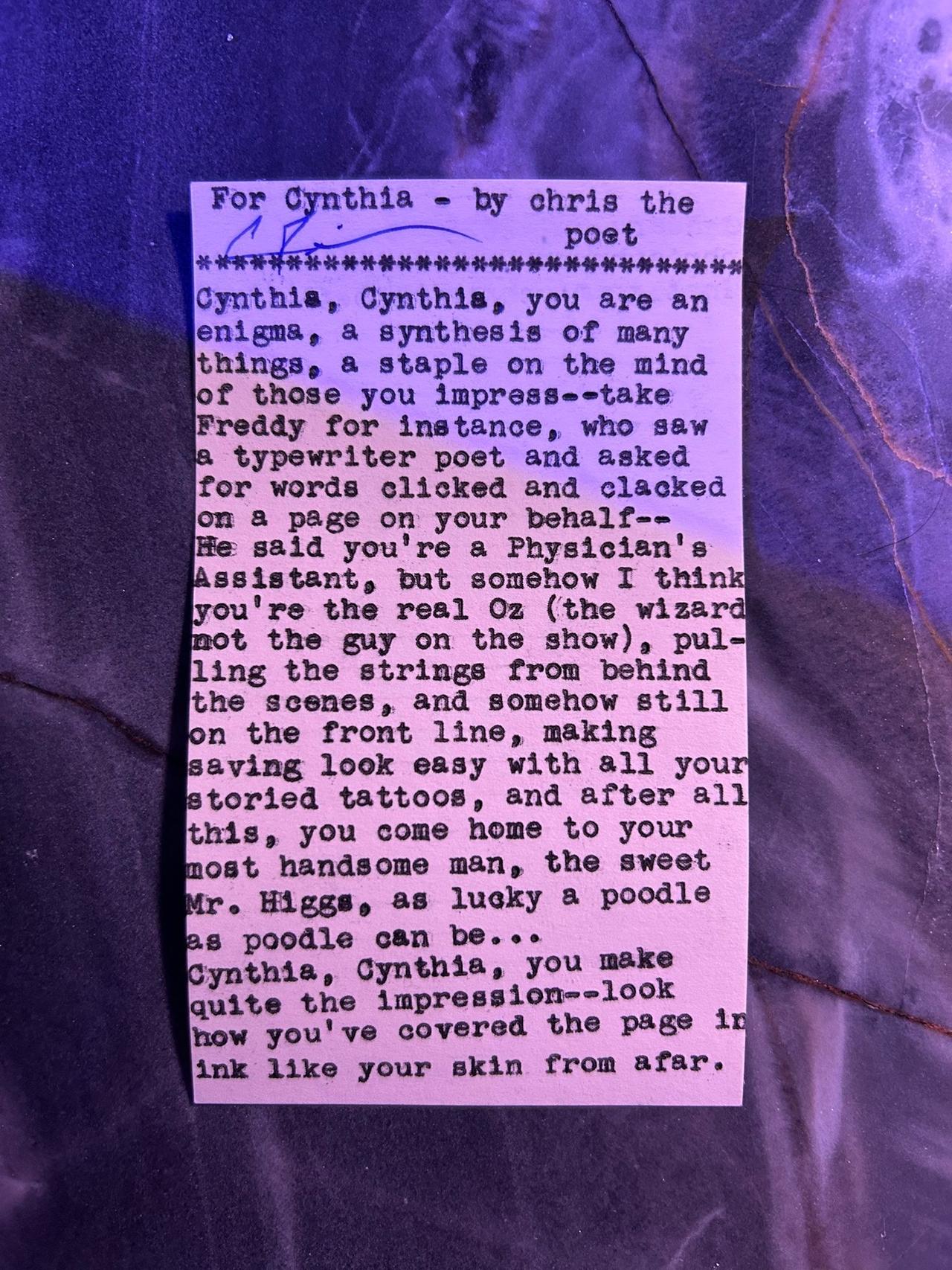 Original typewritten poem For Cynthia by Chris the Poet