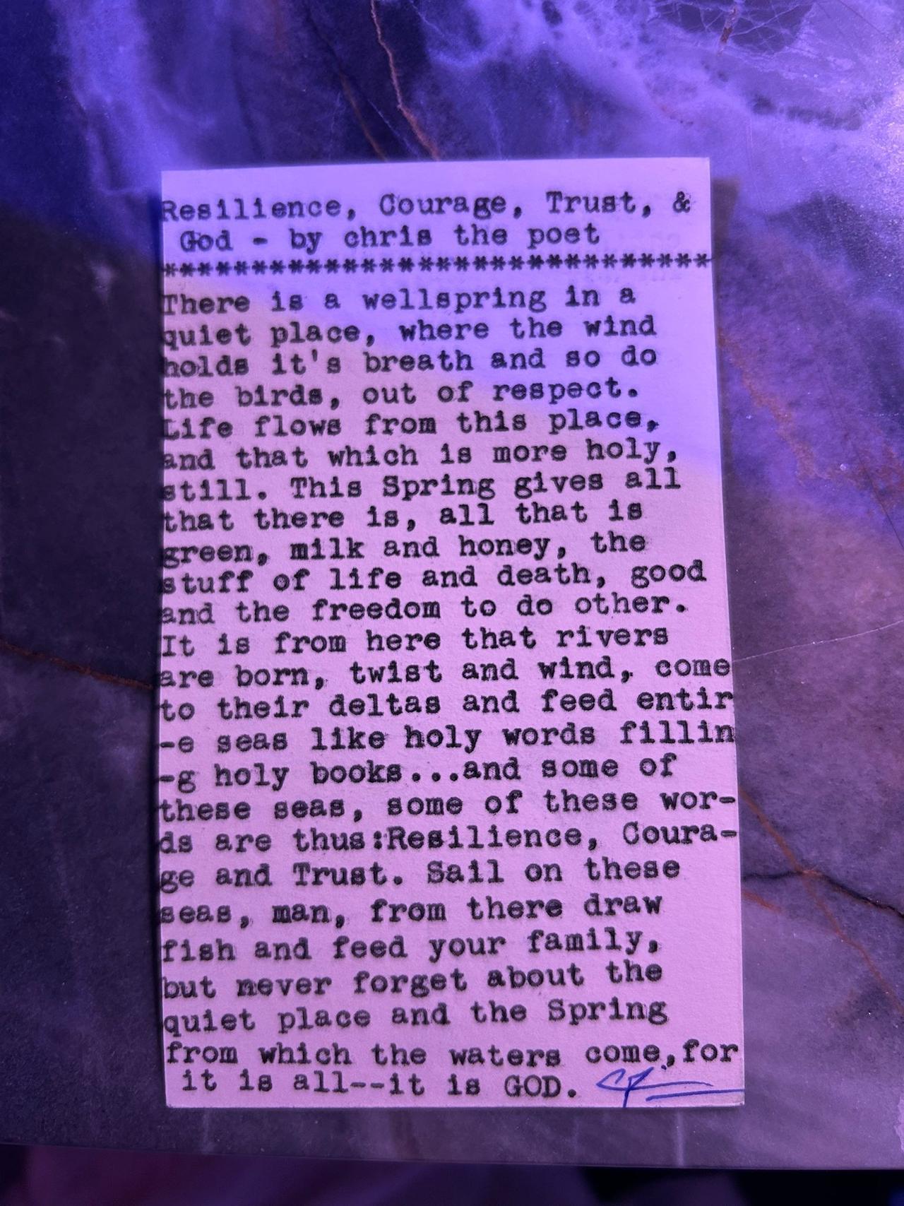 Original typewritten poem Resilience, Courage, Trust, & God by Chris the Poet