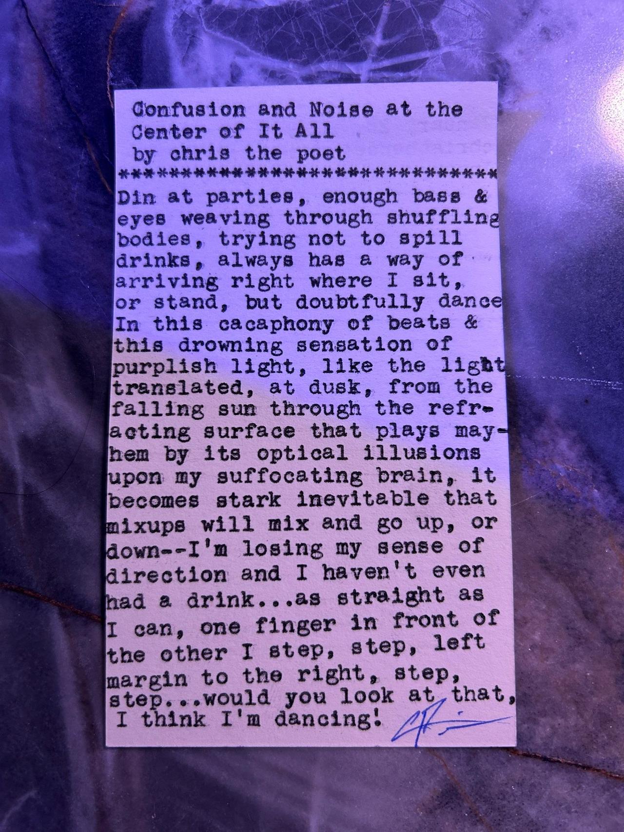 Original typewritten poem Confusion and Noise at the Center of It All by Chris the Poet