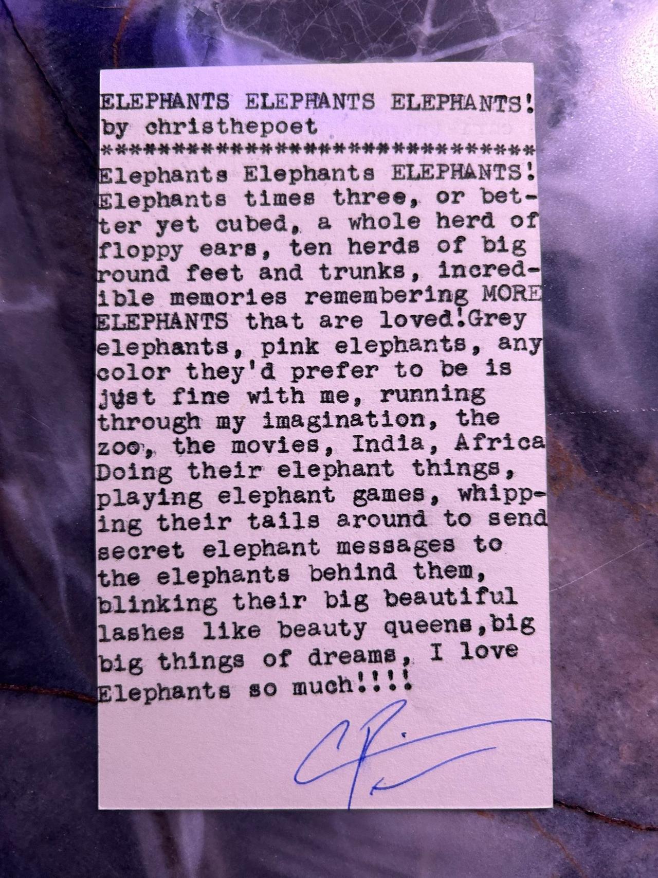Original typewritten poem ELEPHANTS ELEPHANTS ELEPHANTS! by Chris the Poet
