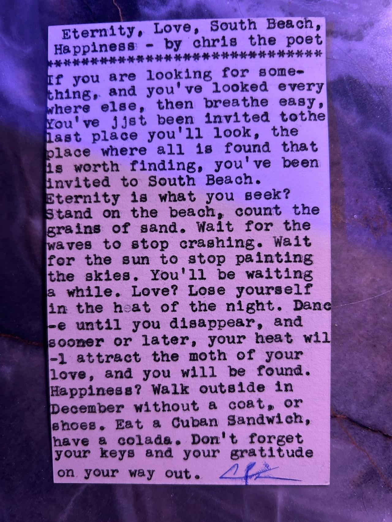Original typewritten poem Eternity, Love, South Beach, Happiness by Chris the Poet
