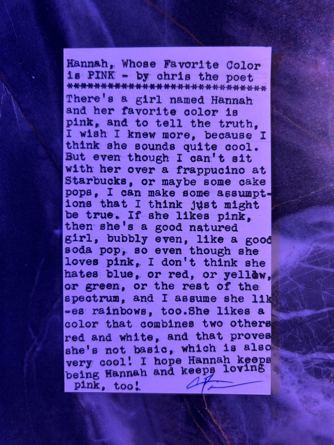 Original typewritten poem Hannah, Whose Favorite Color is PINK by Chris the Poet
