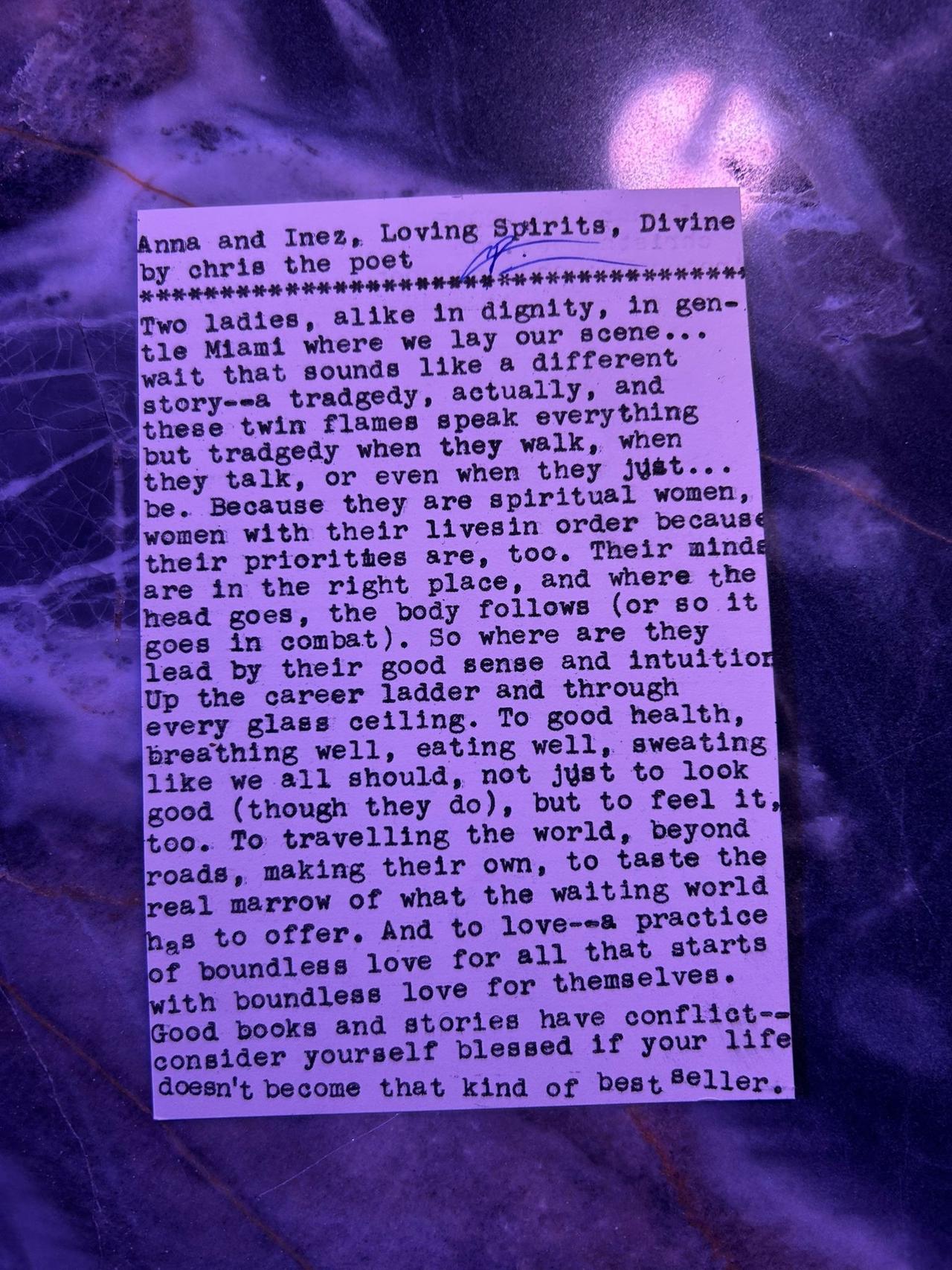 Original typewritten poem Anna and Ines, Loving Spirits, Divine by Chris the Poet
