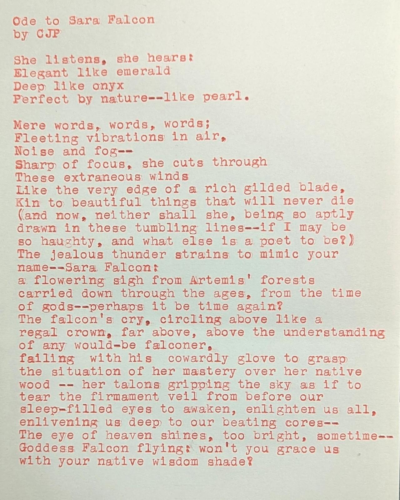 Original typewritten poem Ode to Sara Falcon by Chris the Poet