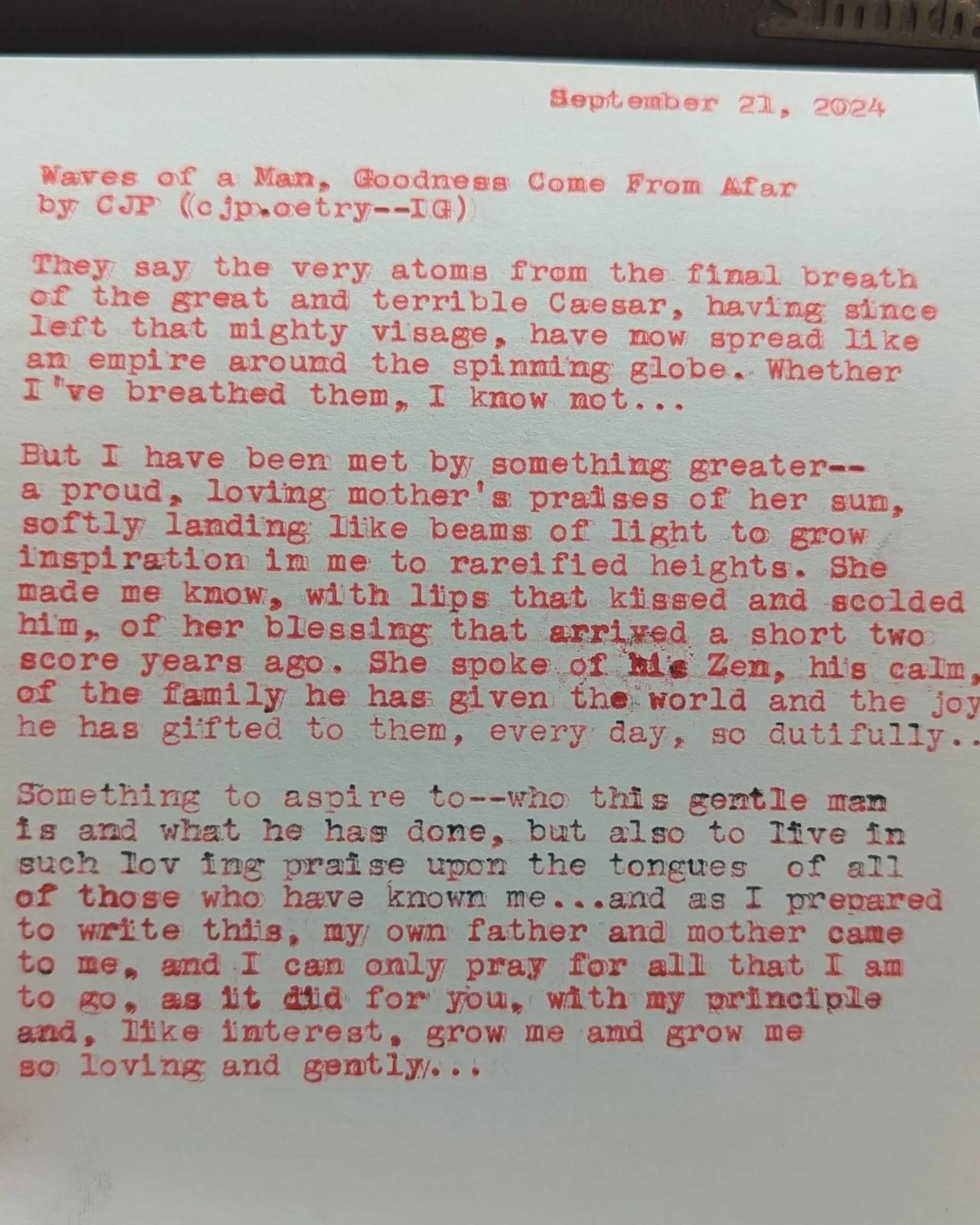 Original typewritten poem Waves of a Man, Goodness Come From Afar by Chris the Poet