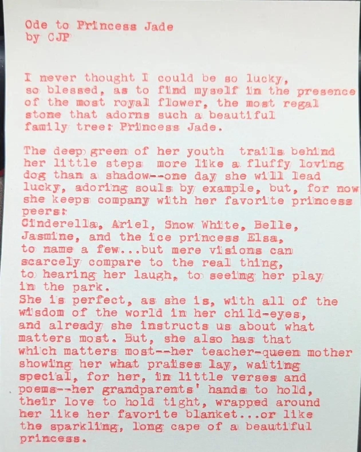 Original typewritten poem Ode to Princess Jade by Chris the Poet