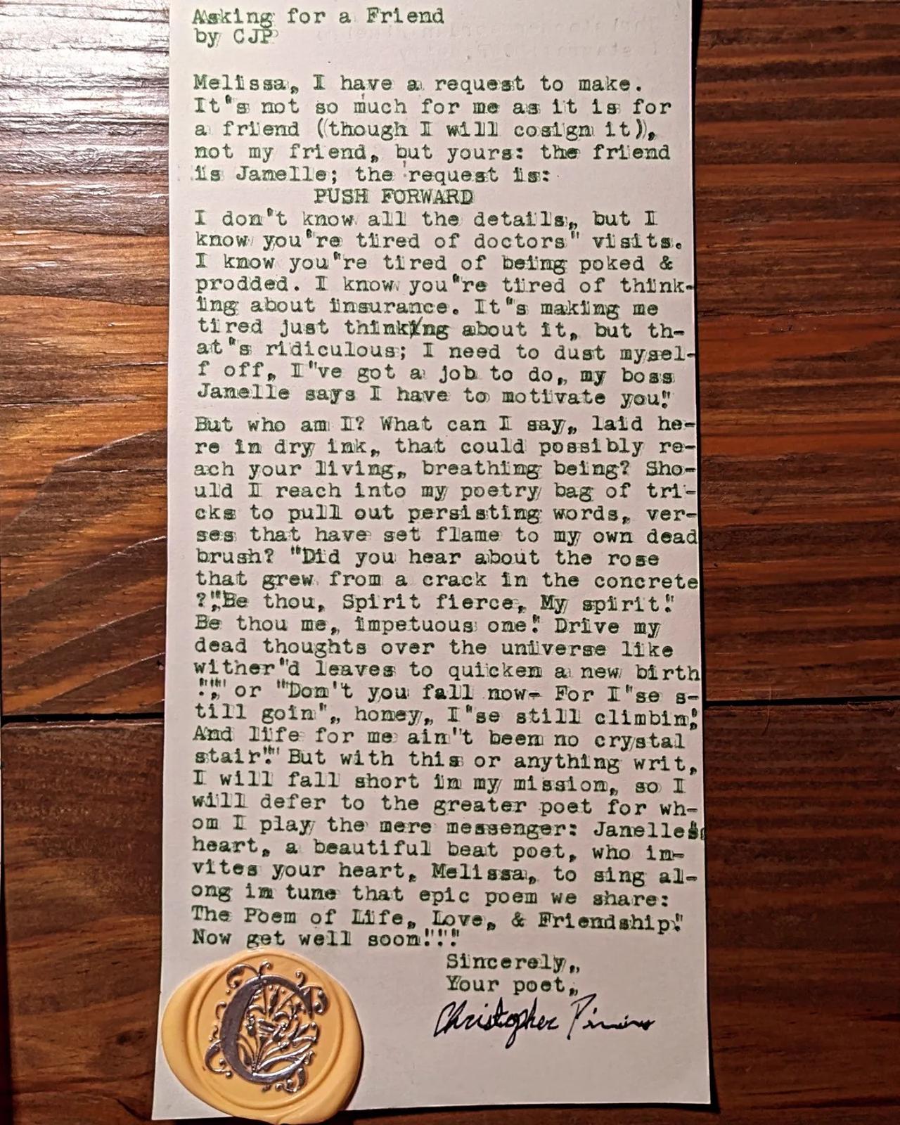 Original typewritten poem Asking for a Friend by Chris the Poet