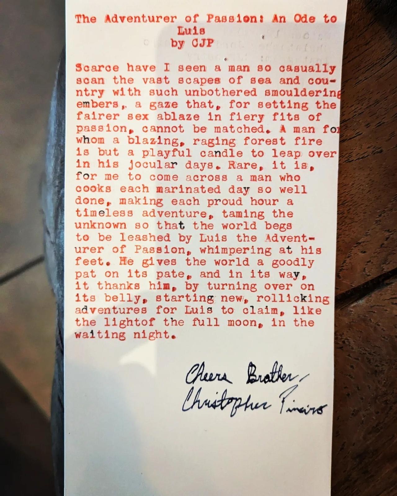 Original typewritten poem The Adventurer of Passion! An Ode to Luis by Chris the Poet