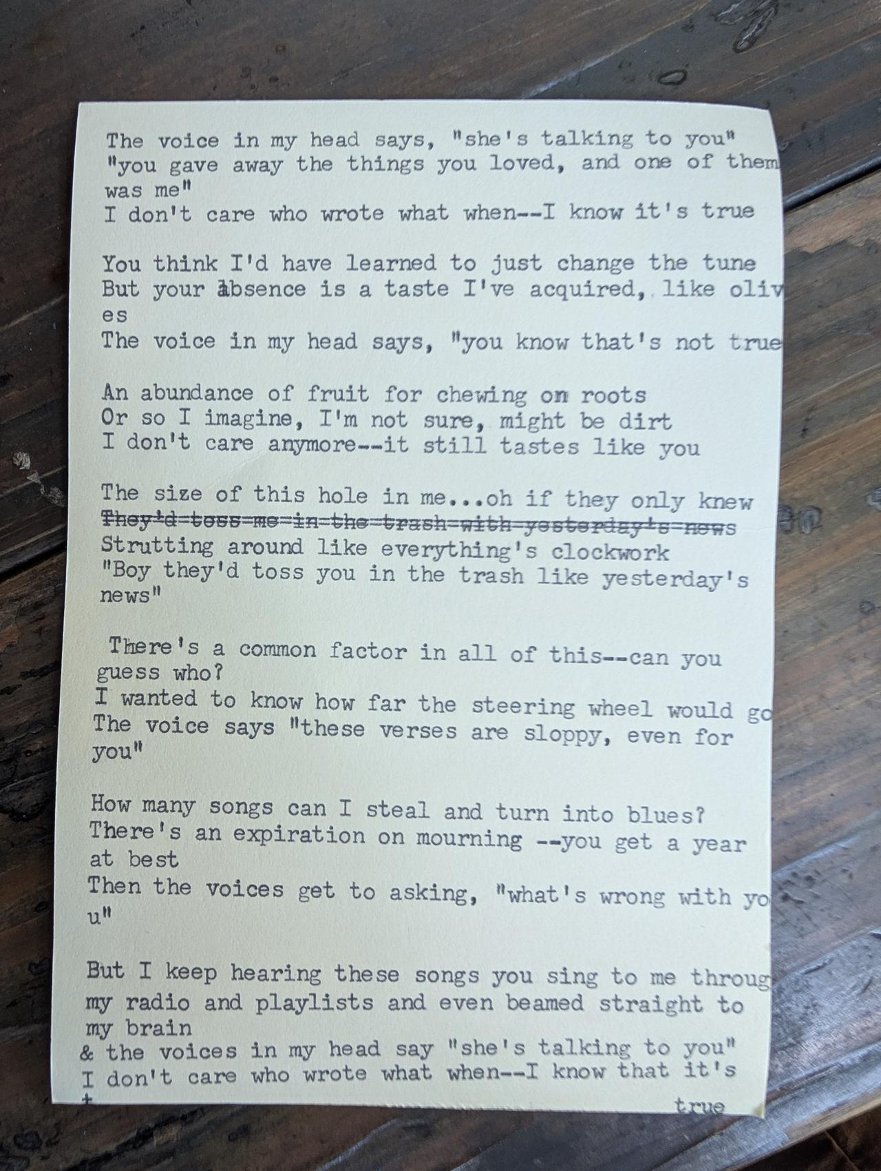 Original typewritten poem The voice in my head says, she's talking to you by Chris the Poet