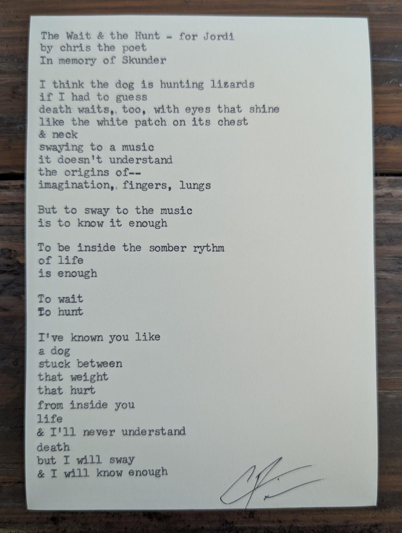Original typewritten poem The Wait & the Hunt - for Jordi by Chris the Poet
