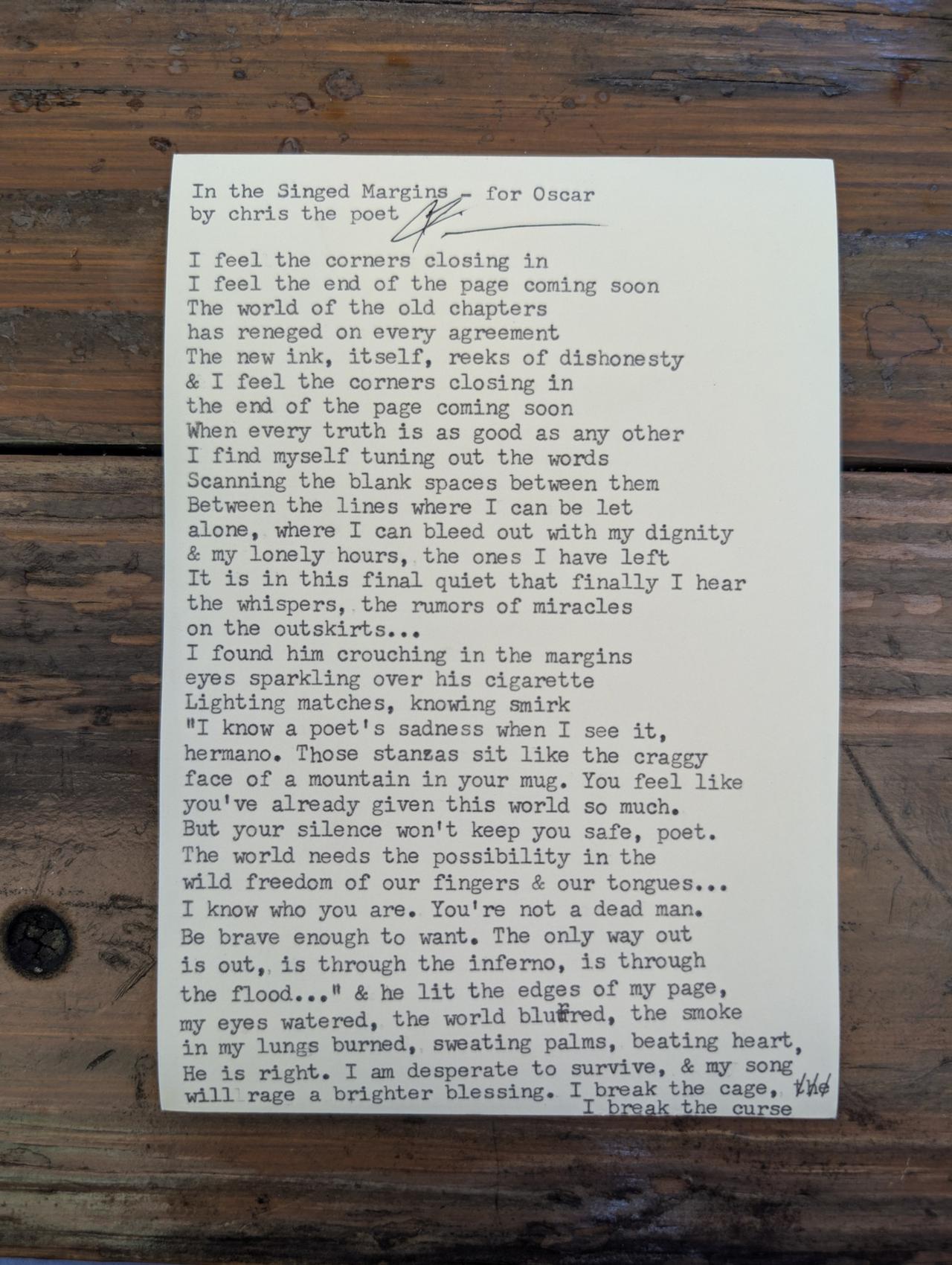 Original typewritten poem In the Signed Margins - for Oscar by Chris the Poet