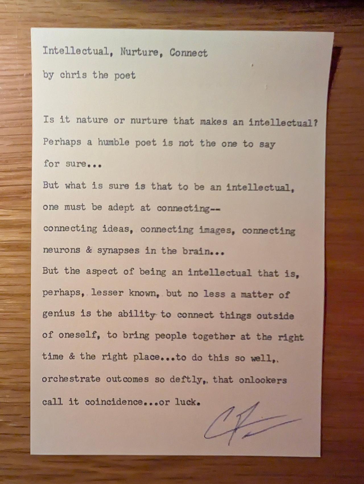 Original typewritten poem Intellectual, Nurture, Connect by Chris the Poet