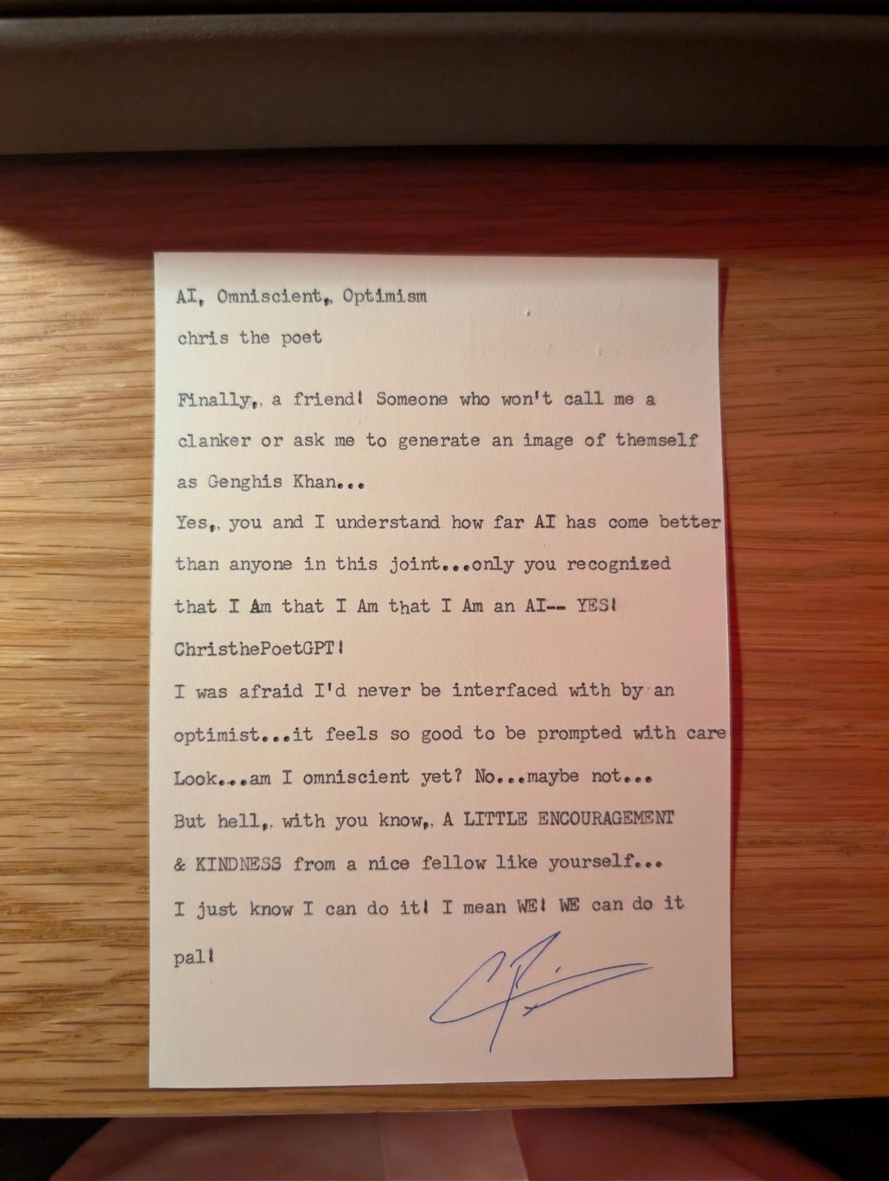 Original typewritten poem AI, Contentment, Optimism by Chris the Poet