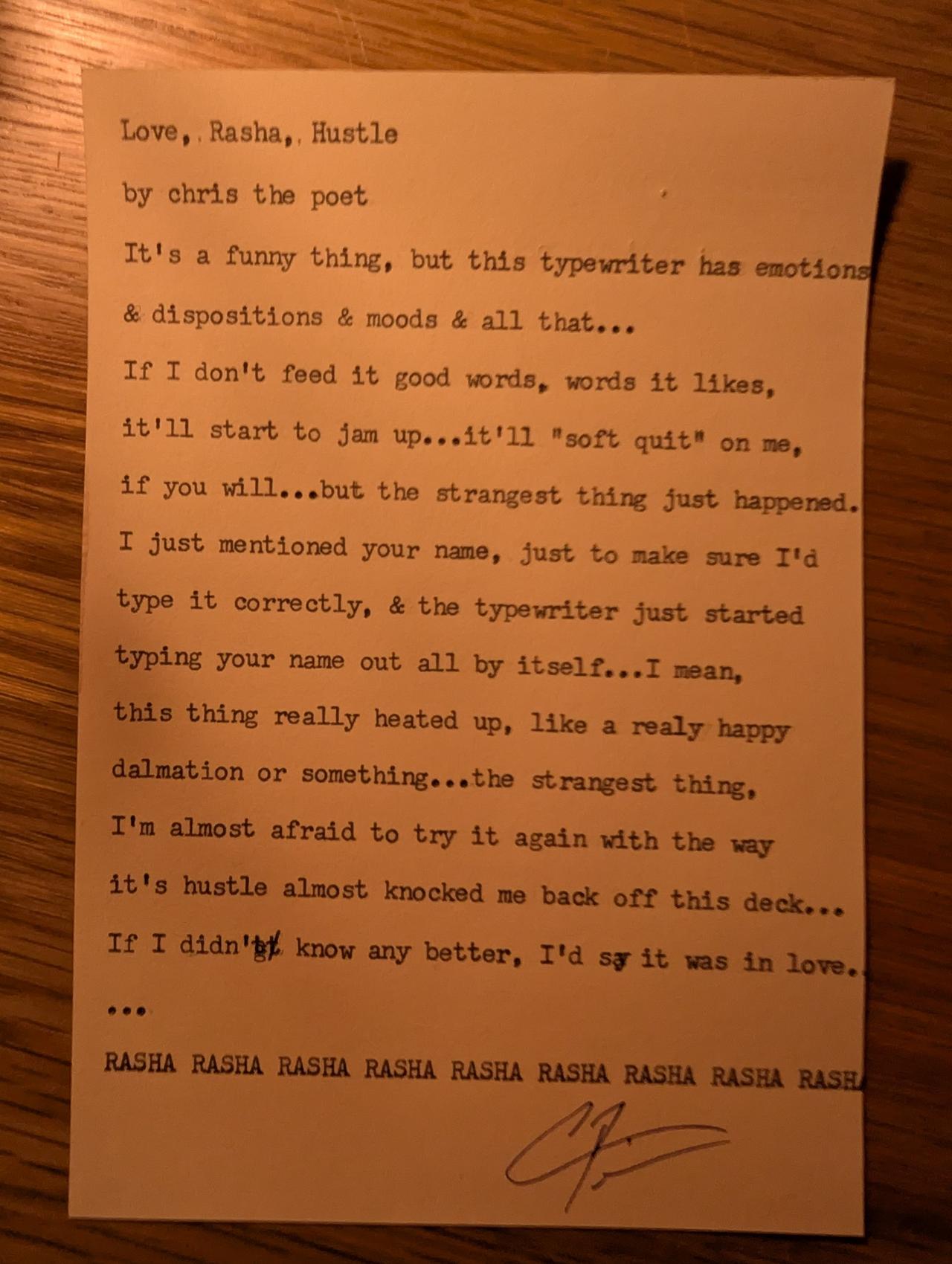 Original typewritten poem Love, Rasha, Hustle by Chris the Poet