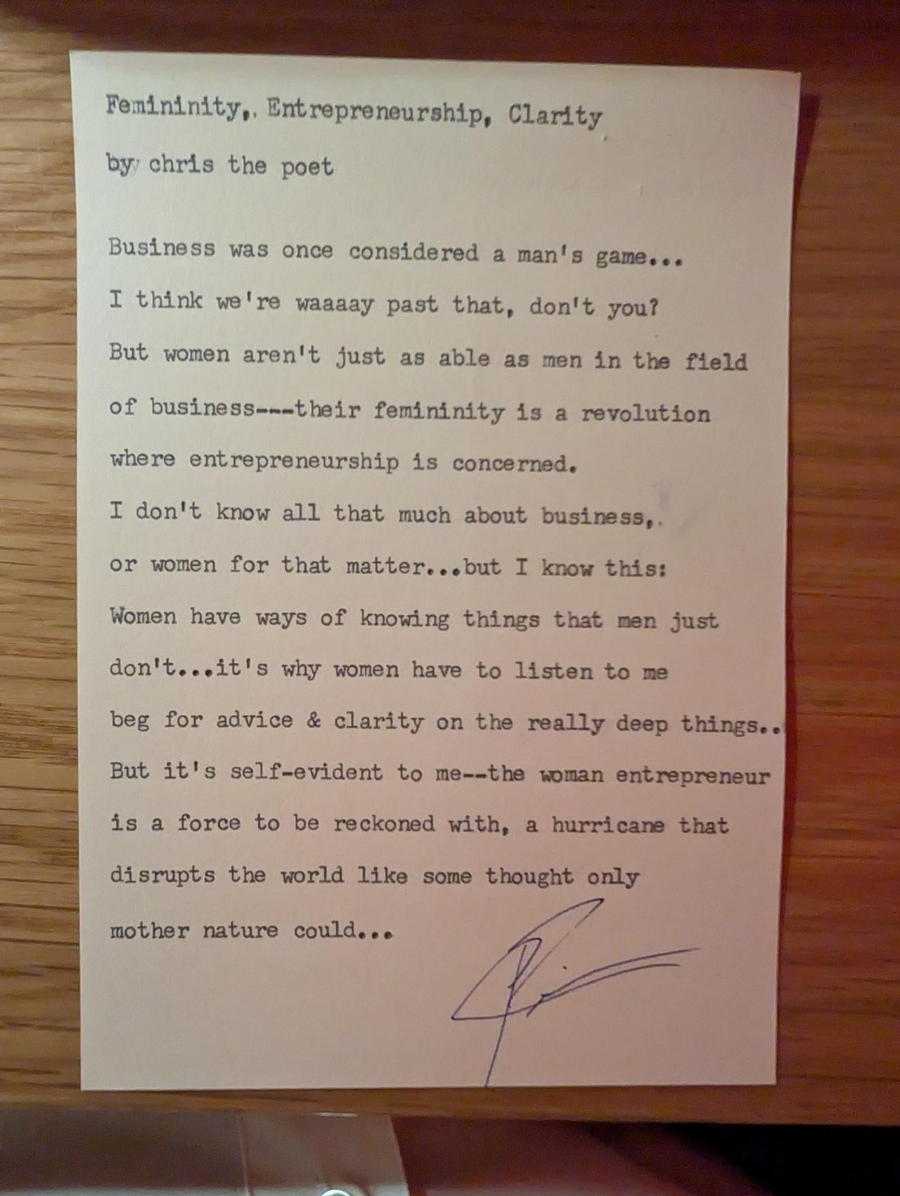 Original typewritten poem Femininity, Entrepreneurship, Clarity by Chris the Poet