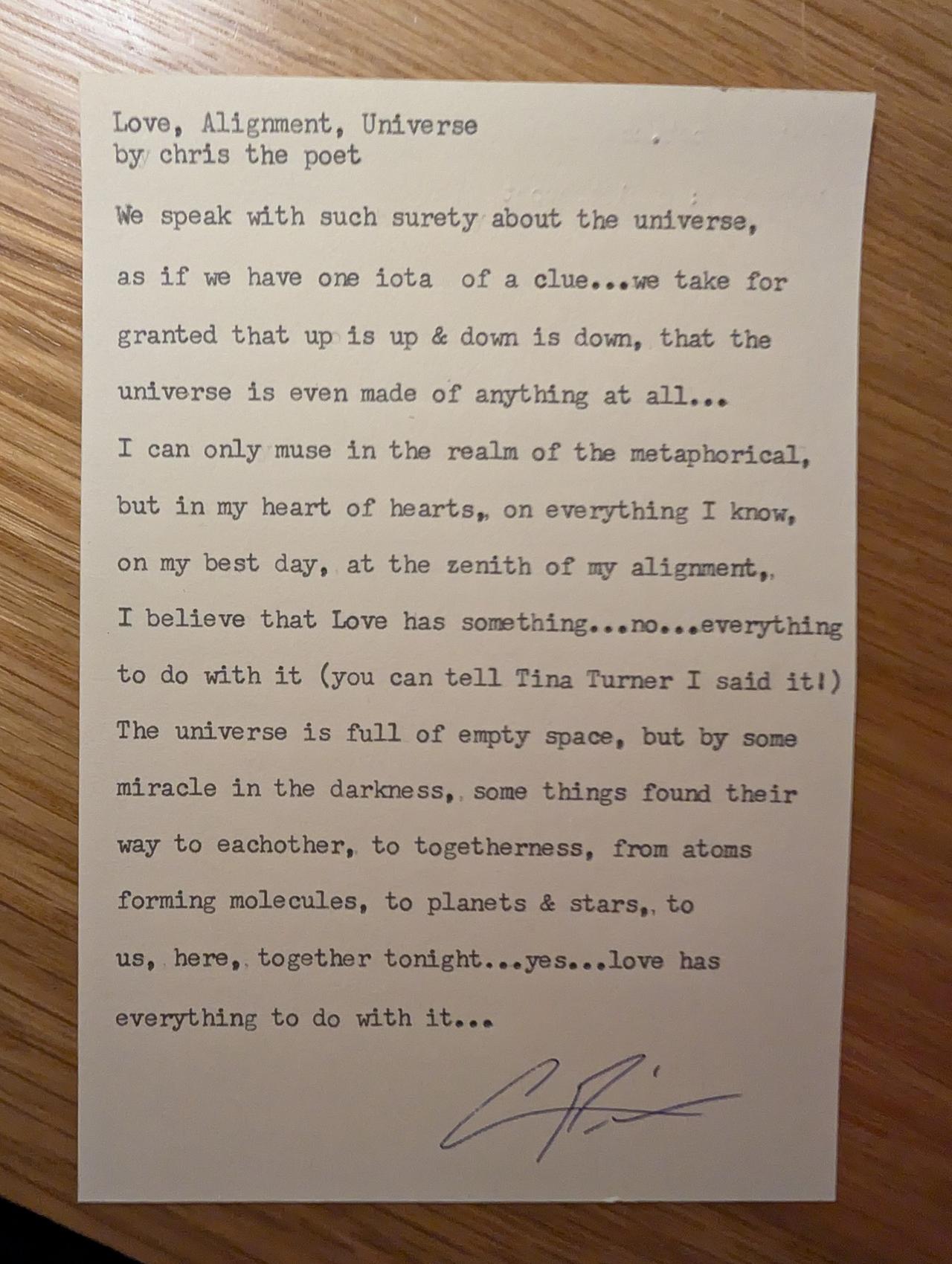 Original typewritten poem Love, Alignment, Universe by Chris the Poet