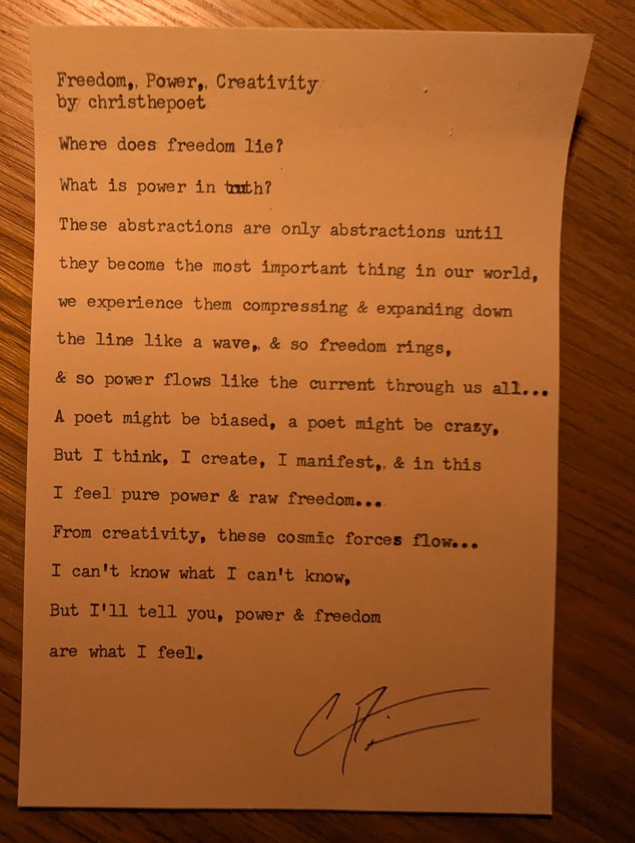 Original typewritten poem Freedom, Power, Creativity by Chris the Poet