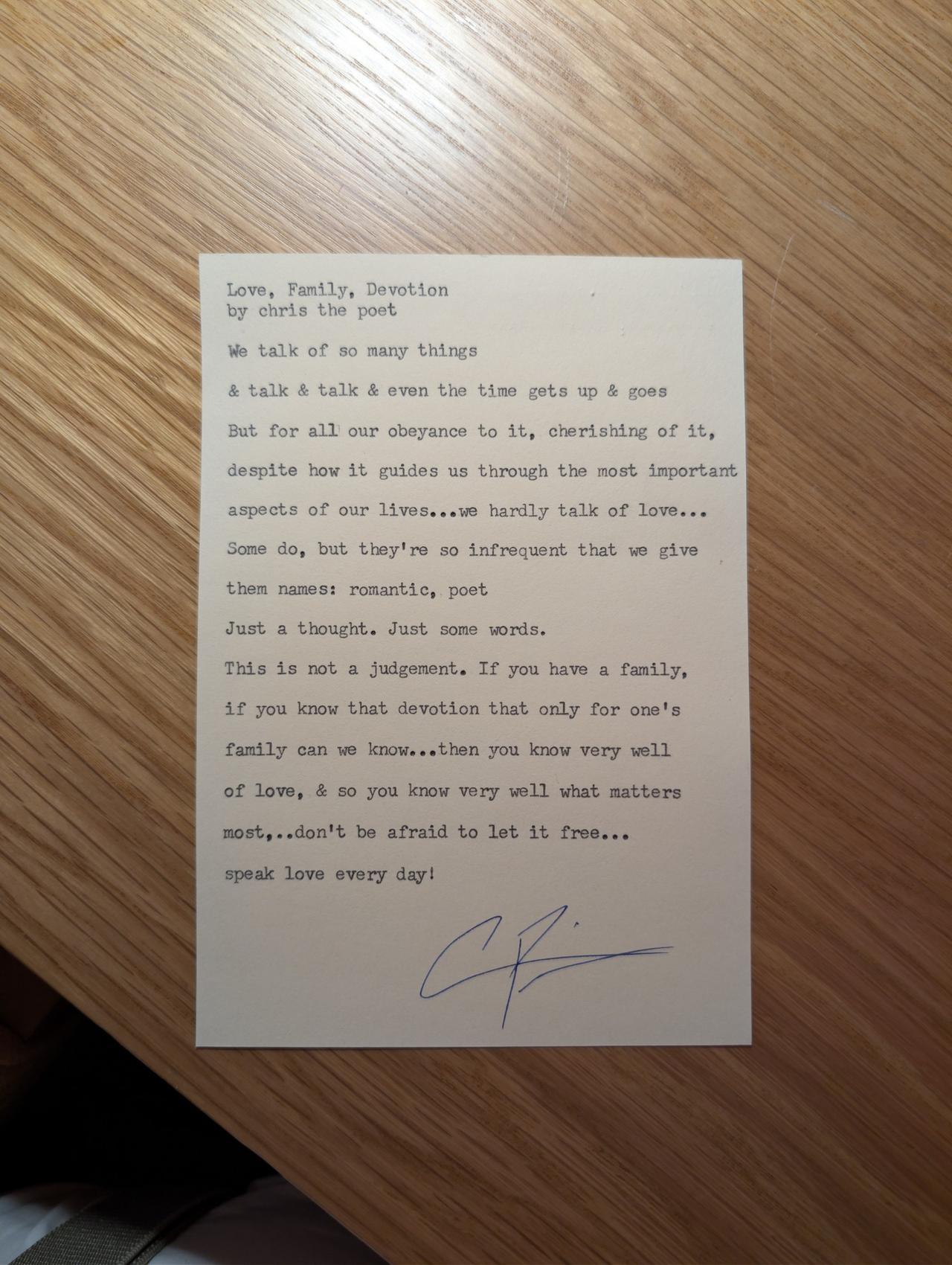 Original typewritten poem Love, Family, Juventus by Chris the Poet