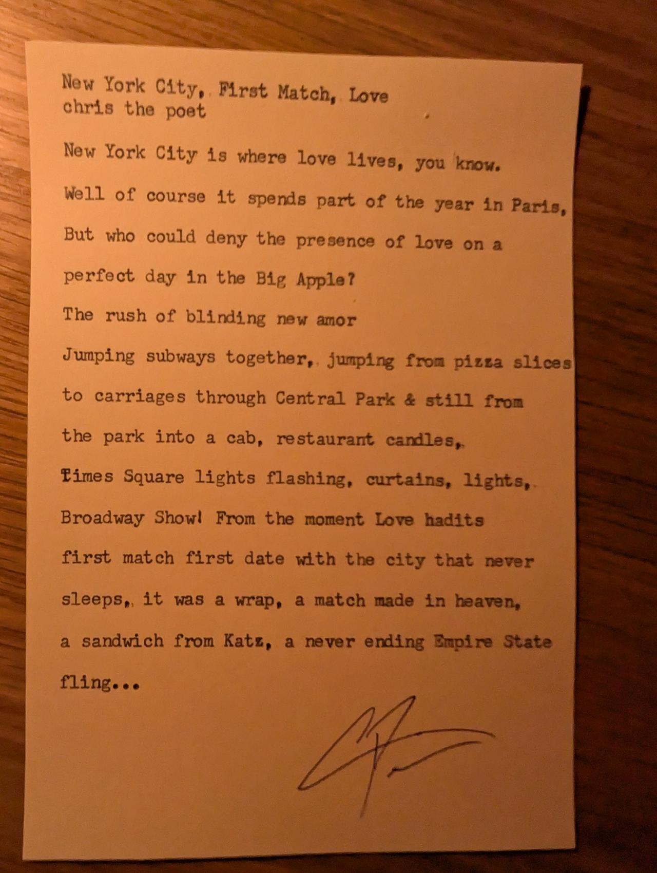 Original typewritten poem New York City, First Match, Love by Chris the Poet
