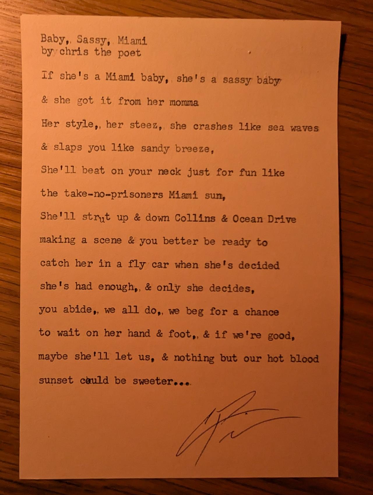 Original typewritten poem Baby, Sassy, Miami by Chris the Poet